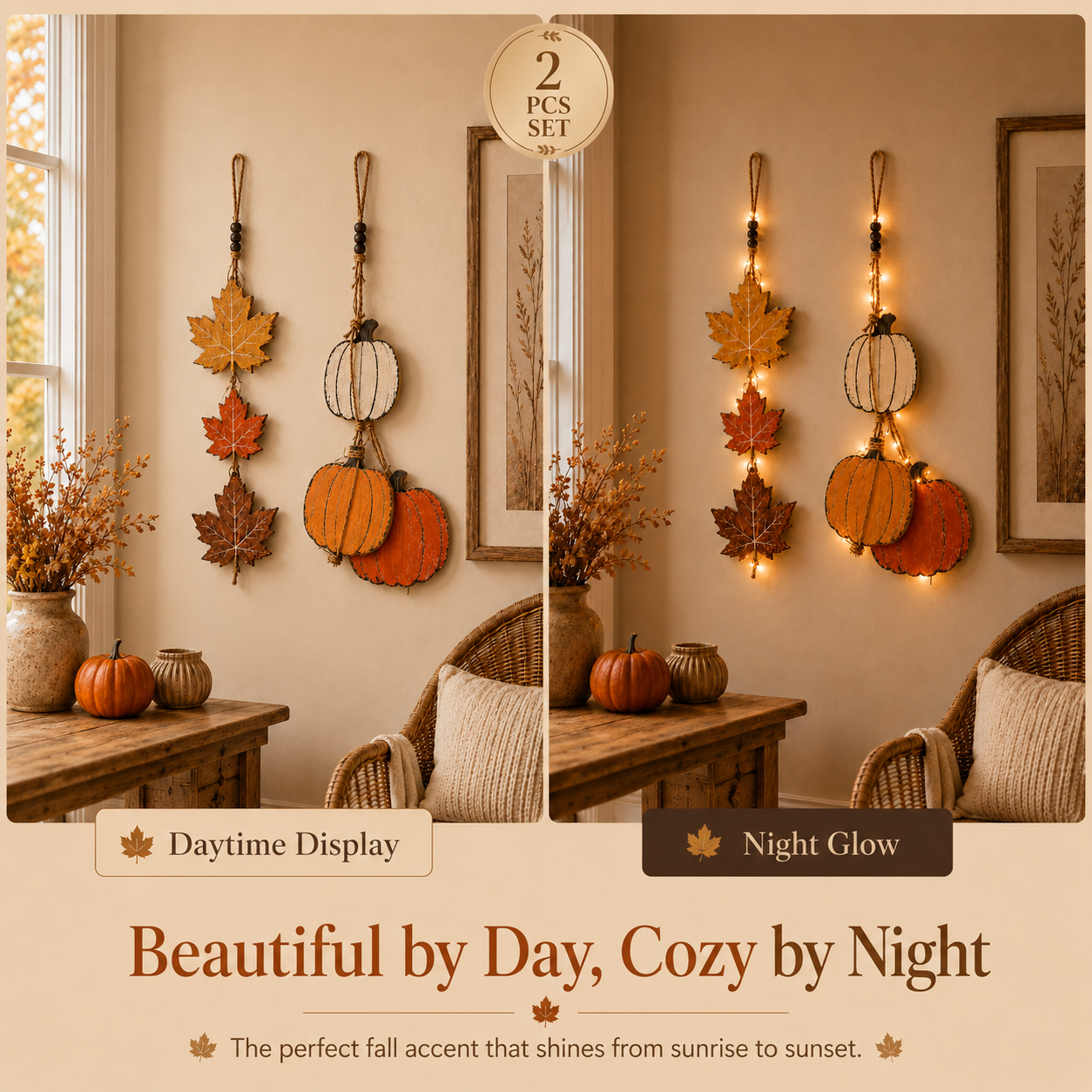 23.6 in Lighted Fall Wooden Hanging Decor Set – Maple Leaves & Pumpkins