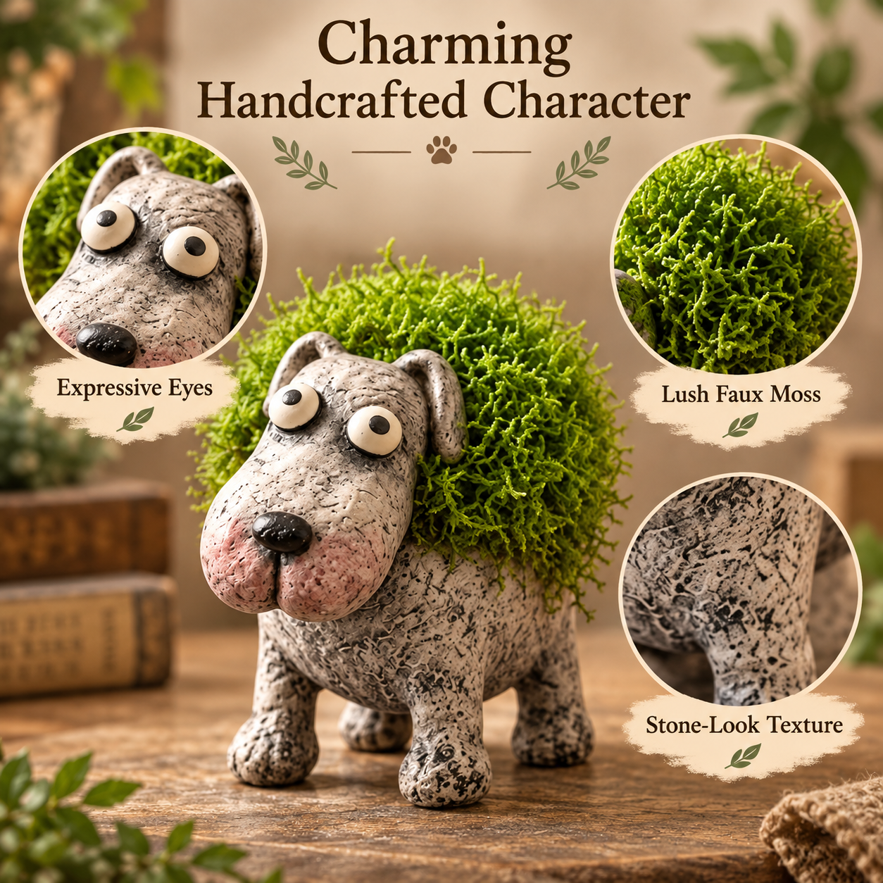 Whimsical Moss-Back Dog Figurine