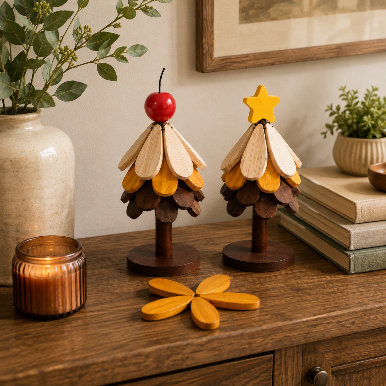 2-in-1 Wooden Trivet Tree Set – 5 Fold-Out Heat Pads 🌳