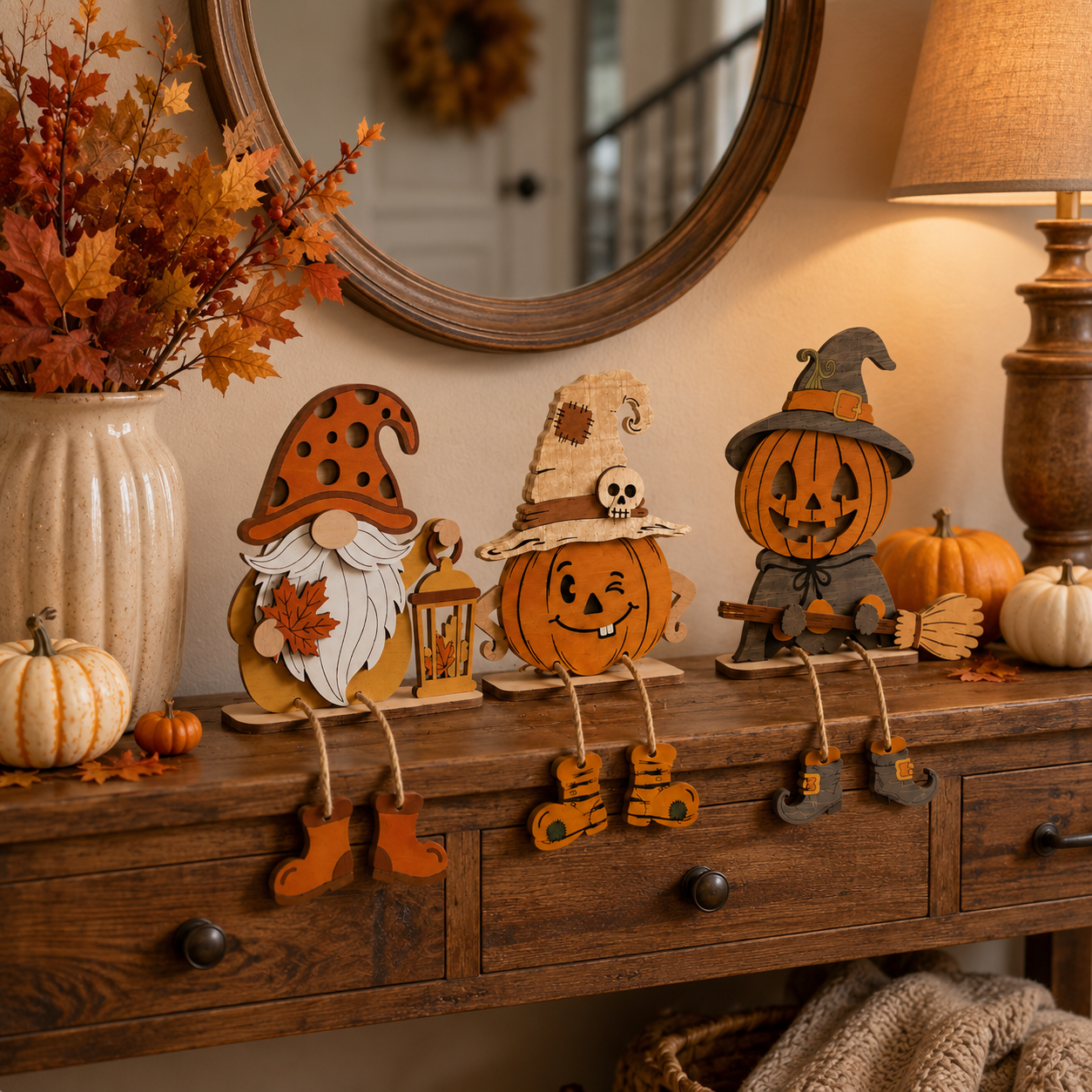 3-Piece Wooden Fall & Halloween Dangling-Leg Shelf Sitter Set
