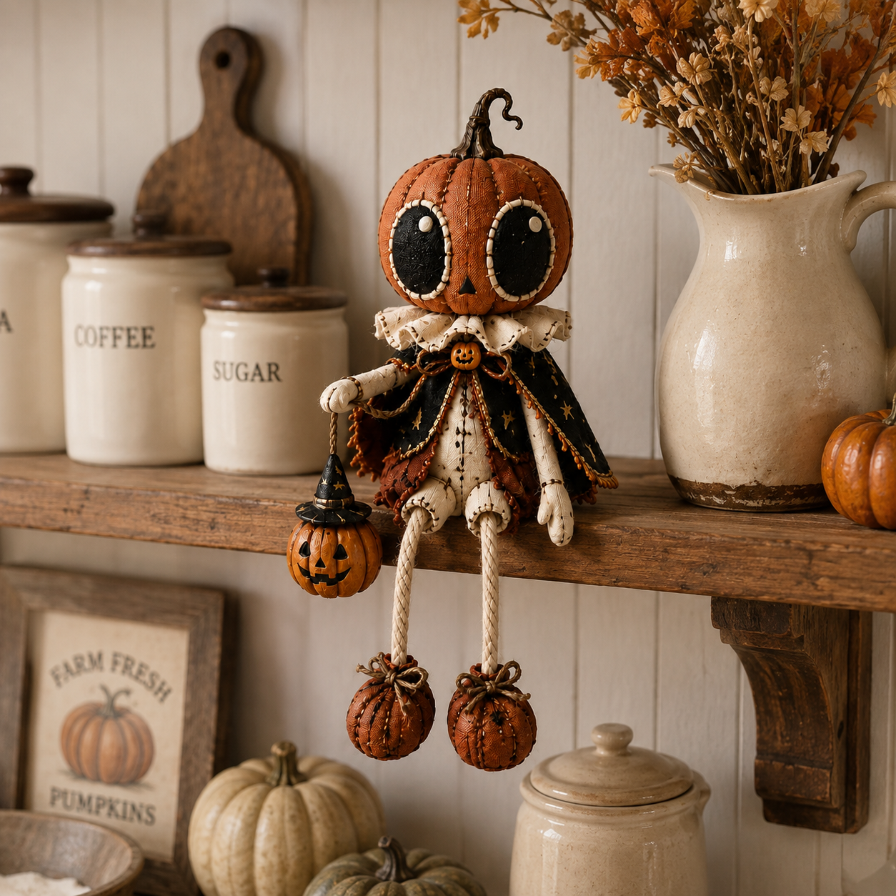🎃 Vintage Pumpkin Head Dangling Leg Halloween Doll