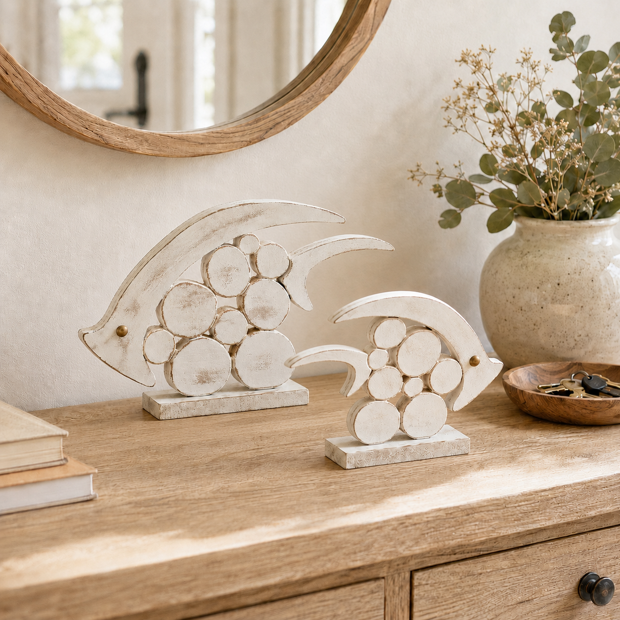 🐟 Coastal Pebble Fish Wooden Decor Set – 2 Pieces