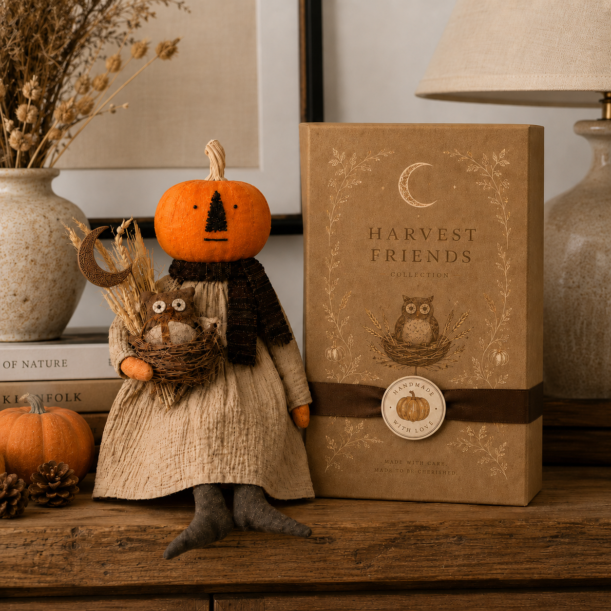 Pumpkin Head Harvest Doll with Gift Box - 11 Inch Fall Tabletop Decor