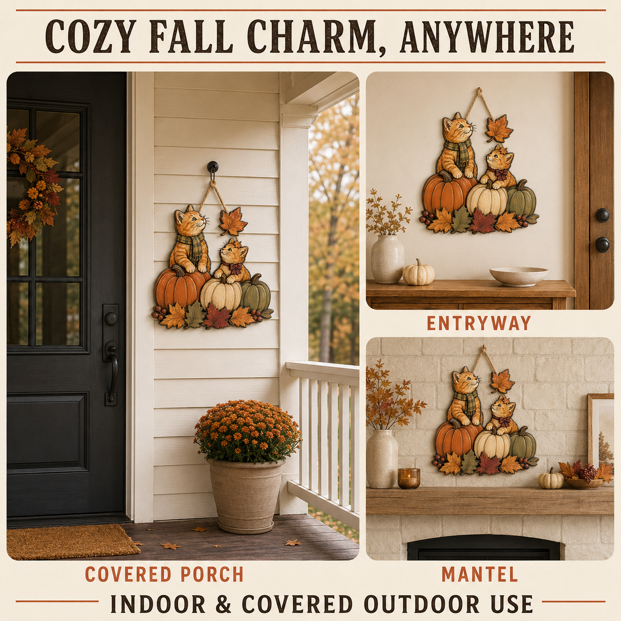 Autumn Whiskers Cat & Pumpkin Wooden Hanging Decor