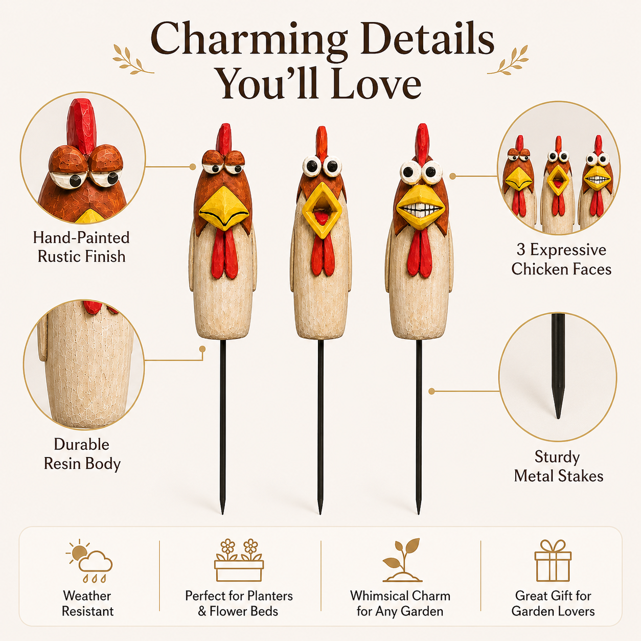 Funny Chicken Garden Stakes – 3 Piece Whimsical Yard Decor for Flower Beds, Planters & Backyard