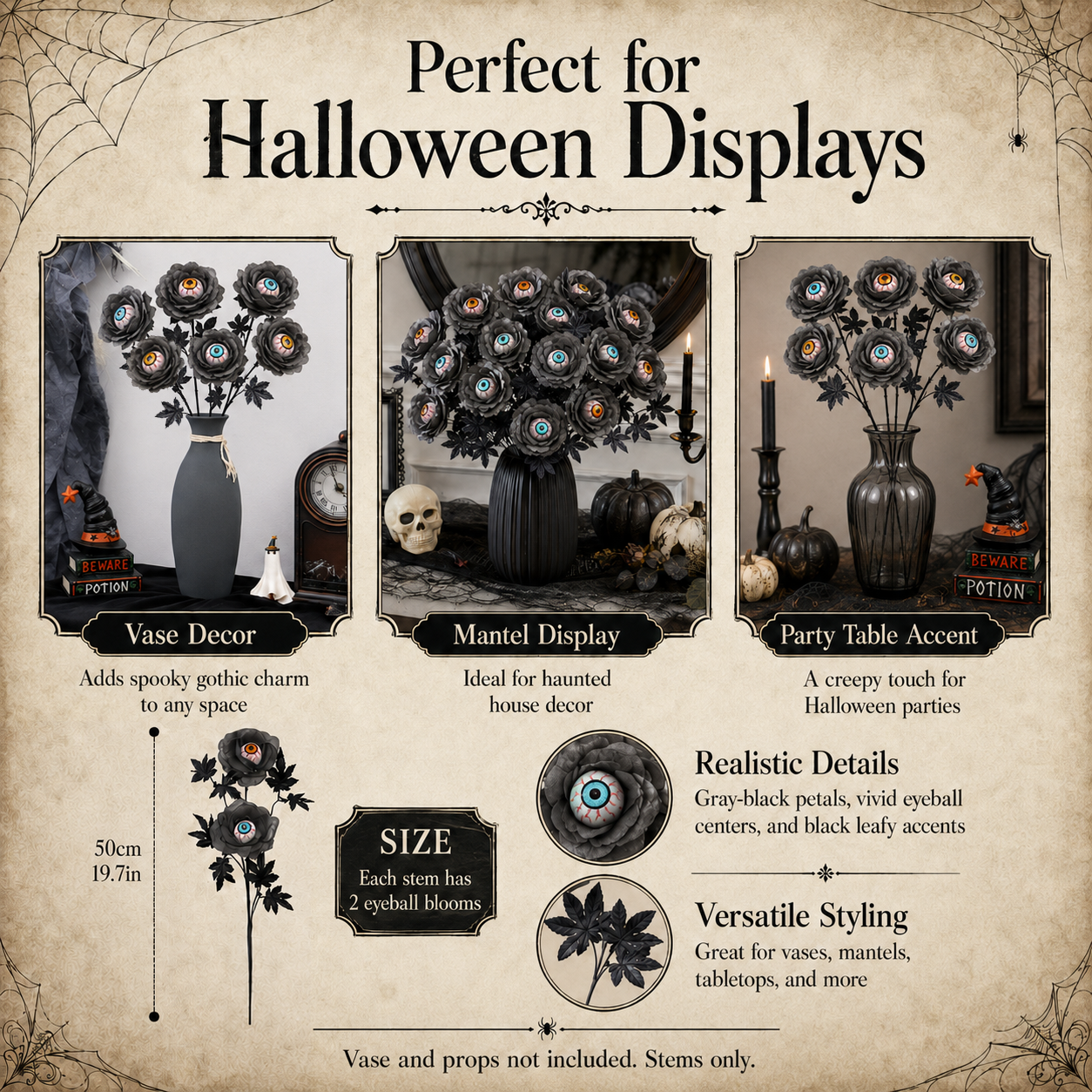 Halloween Eyeball Rose Artificial Flower Stems, Gothic Black Rose Decor