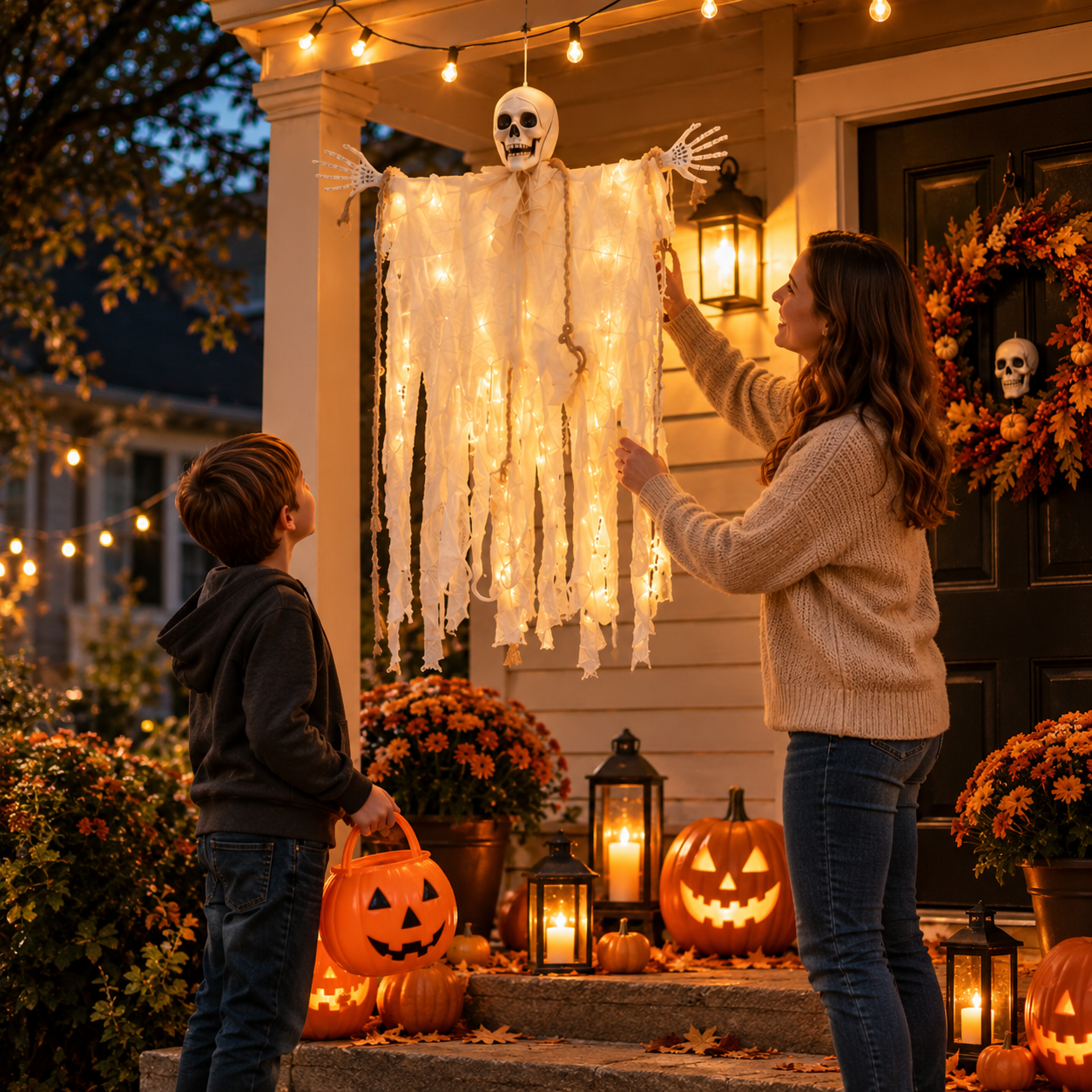 29.5" Light-Up Hanging Skeleton Ghost with Remote