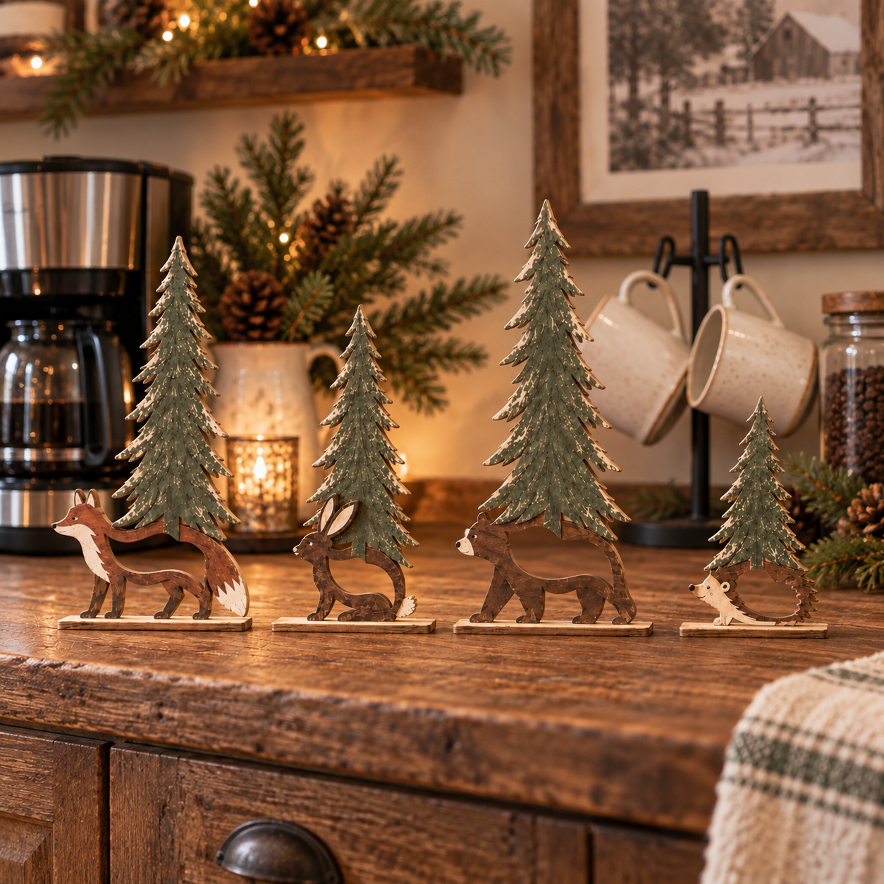 Woodland Christmas Forest Friends Set - 4 Piece Rustic Wooden Animal Tree Decor