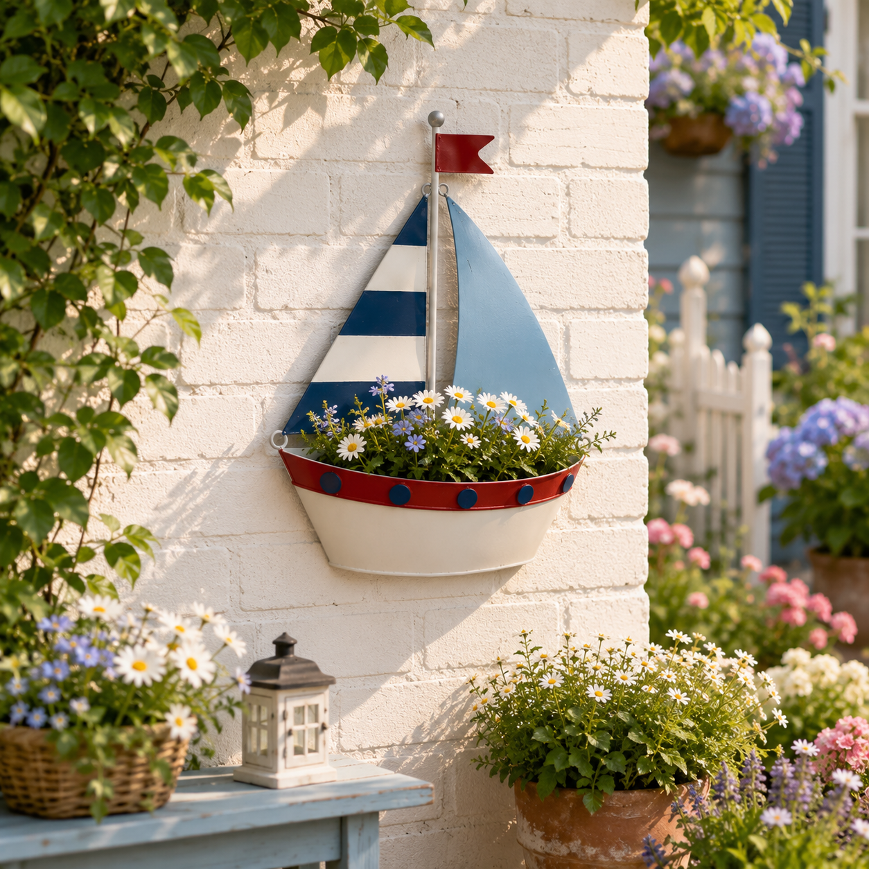 Coastal Sailboat Metal Wall Planter – Nautical Hanging Flower Basket⛵