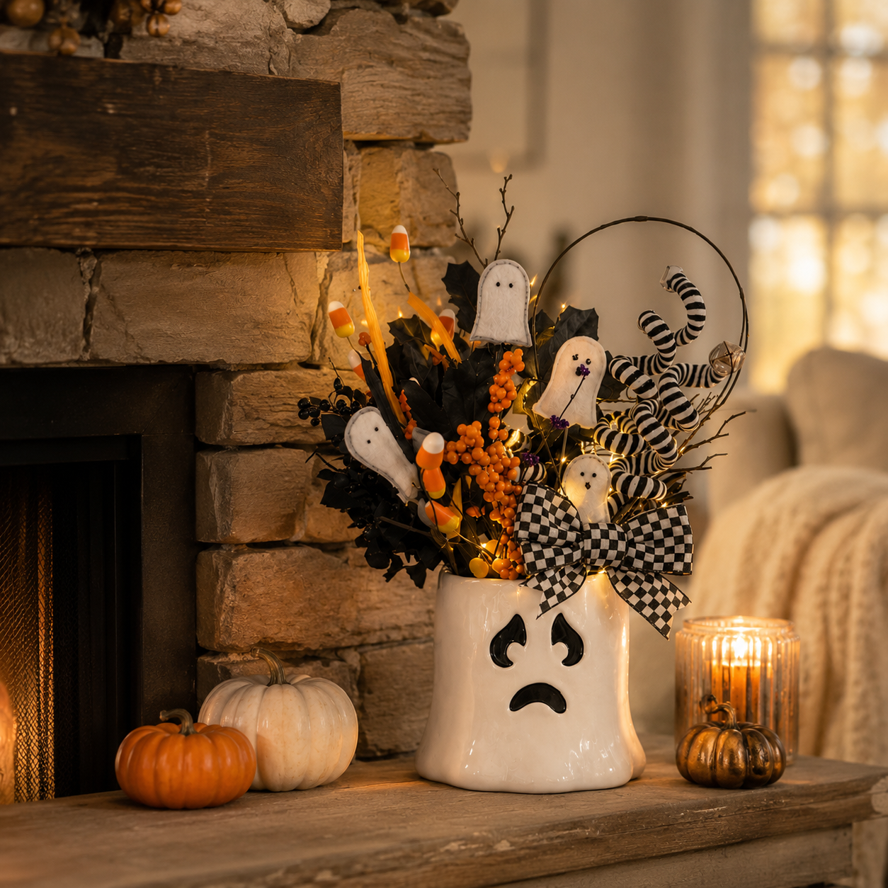 Whimsical Lighted Ghost Vase Halloween Centerpiece