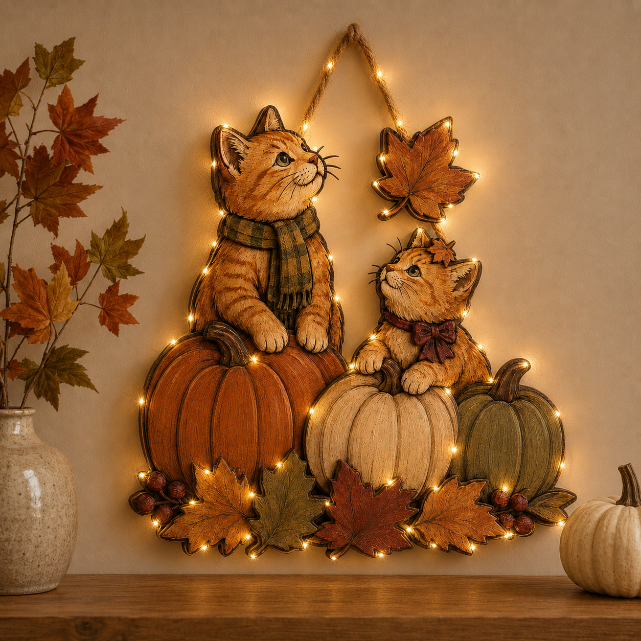 Autumn Whiskers Cat & Pumpkin Wooden Hanging Decor