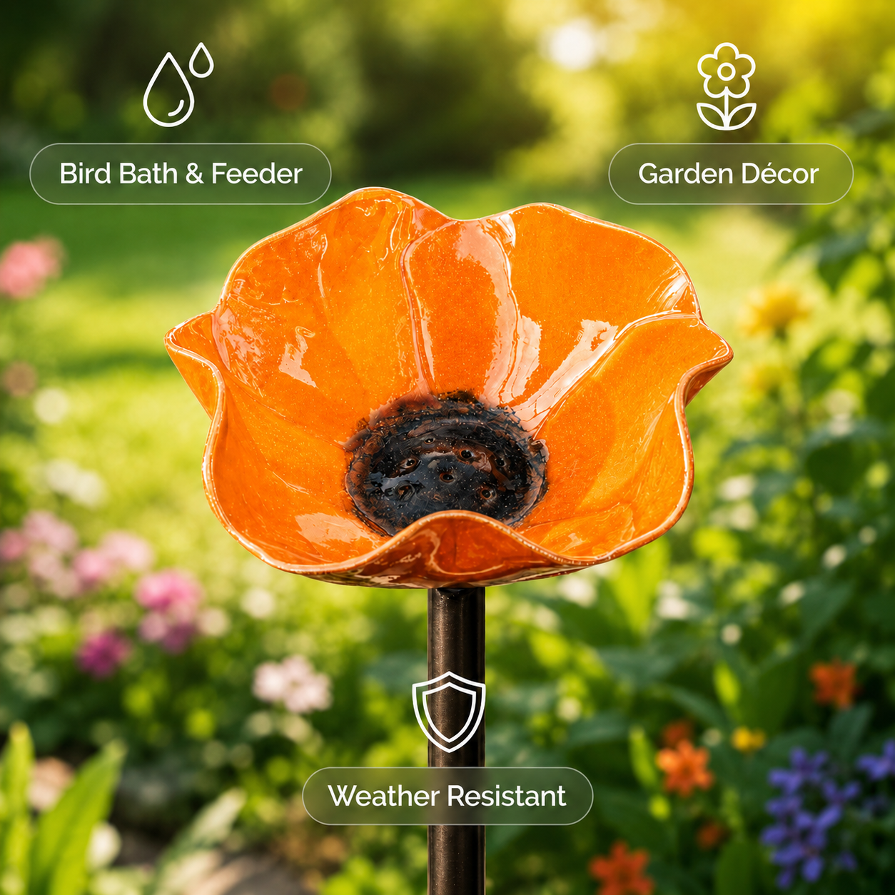 Vibrant Metal Flower Mini Bird Bath & Garden Stake – Outdoor Yard Decor