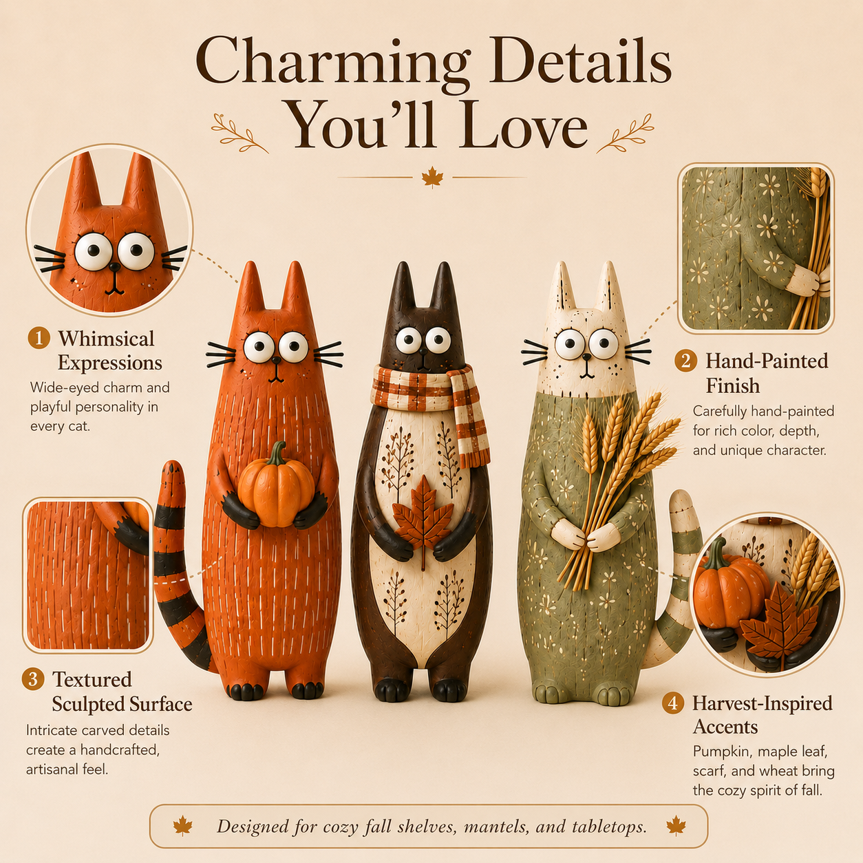 Whimsical Harvest Cat Figurine Set – Set of 3