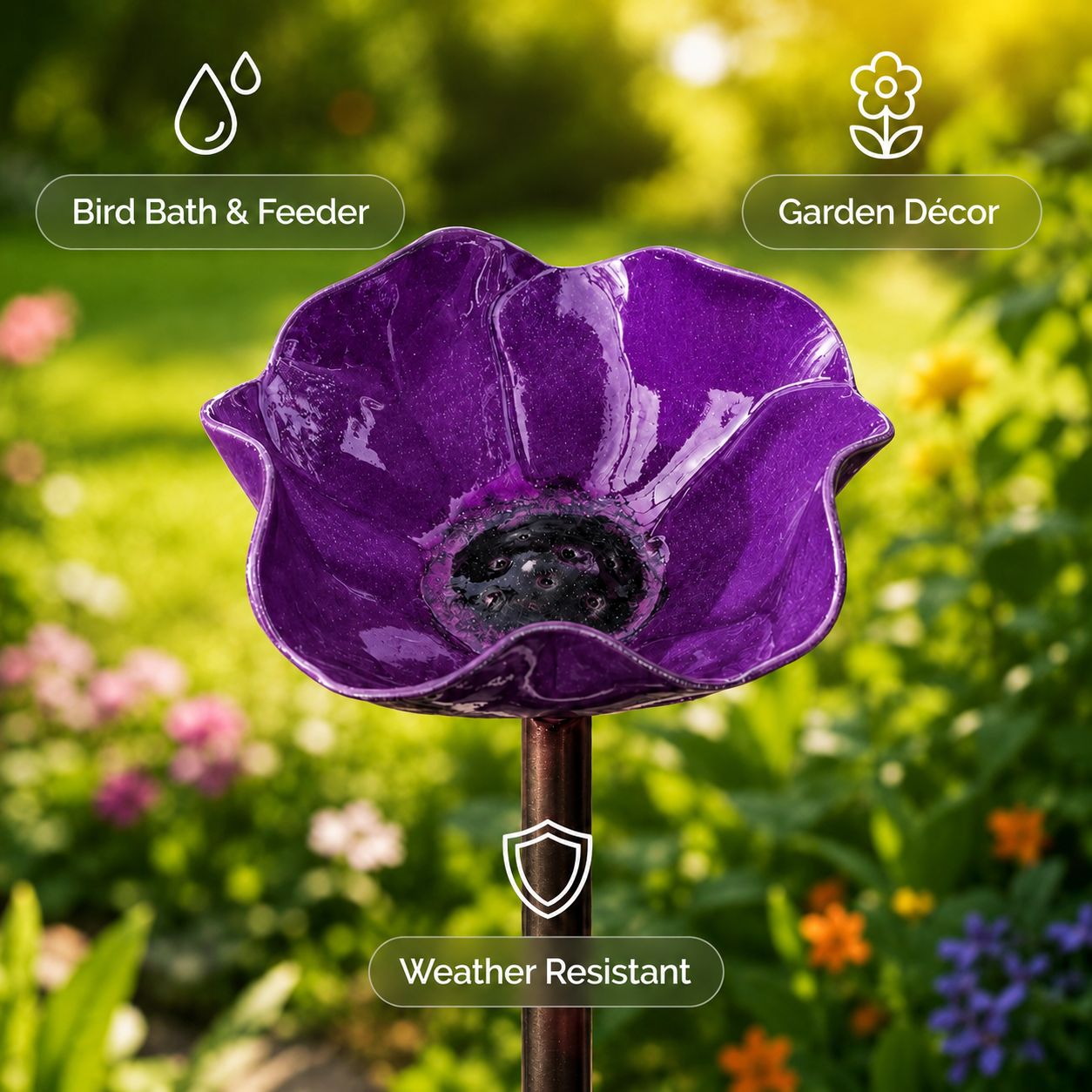 Vibrant Metal Flower Mini Bird Bath & Garden Stake – Outdoor Yard Decor
