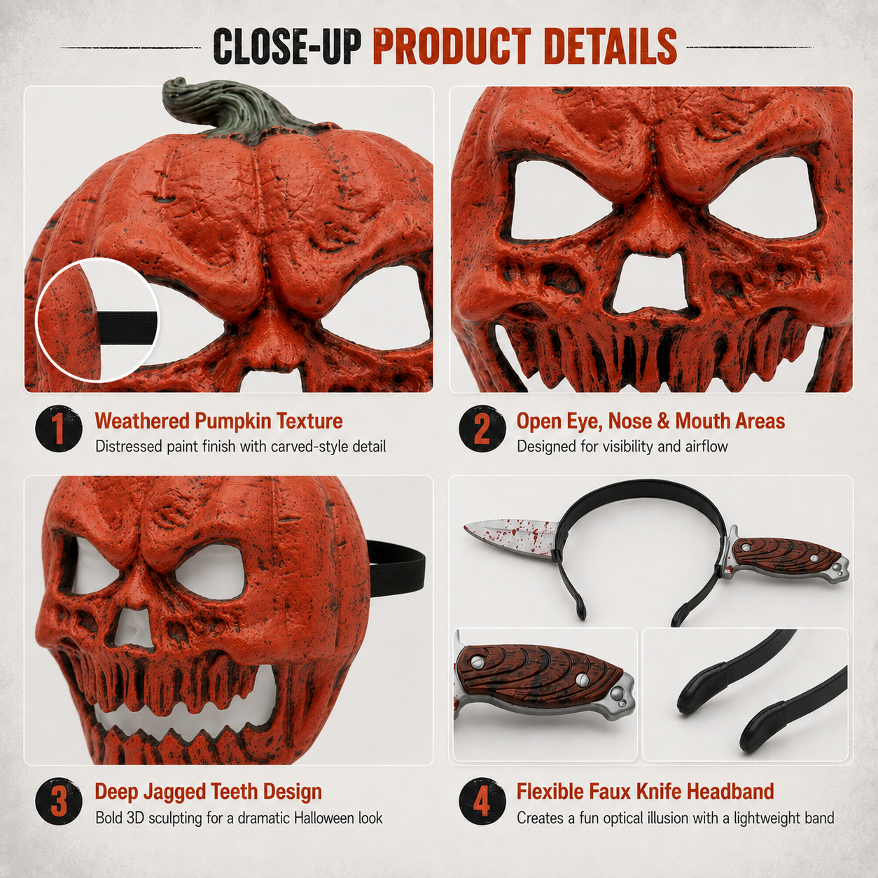 Creepy Pumpkin Mask & Faux Knife Headband – 2-Piece Halloween Costume Set