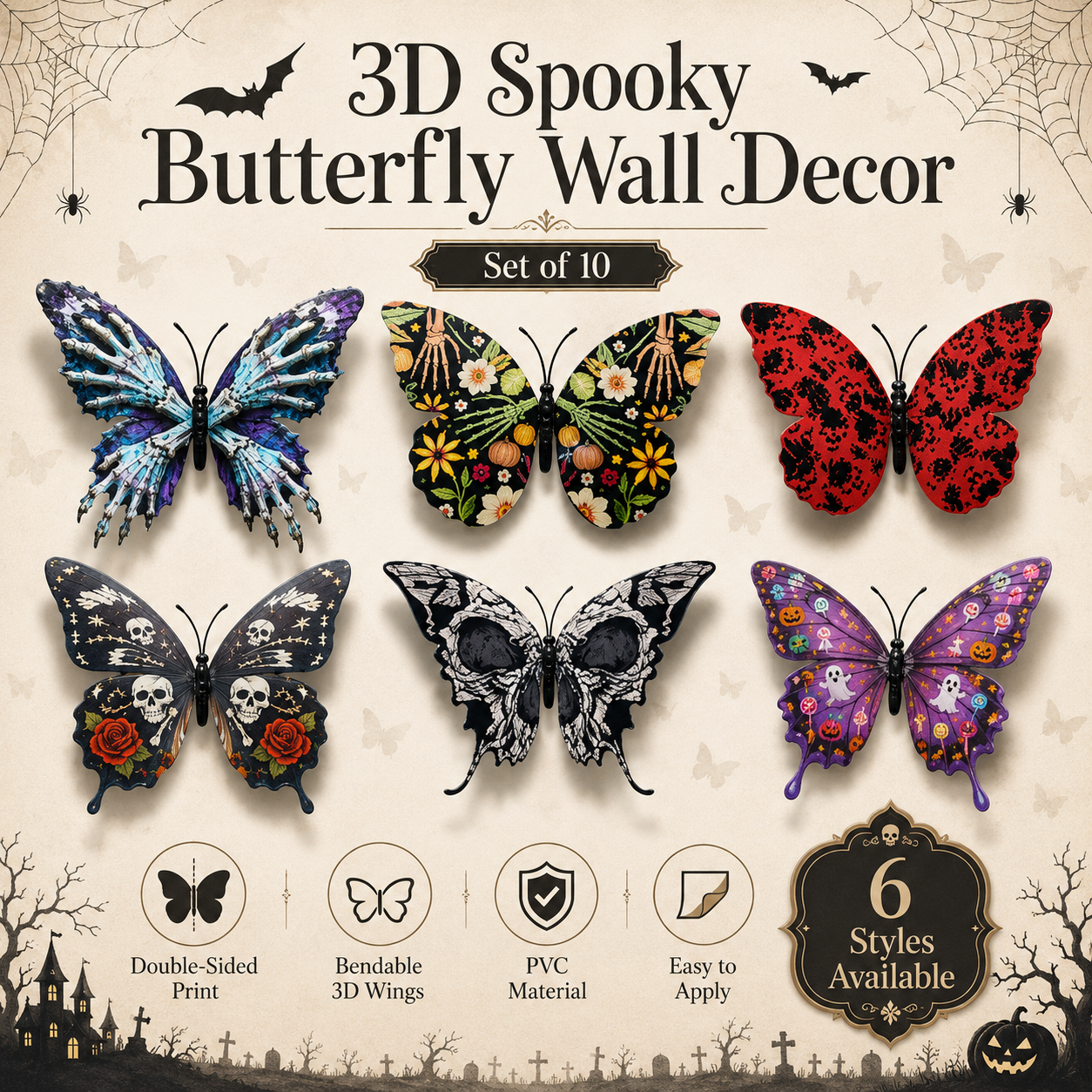 3D Spooky Butterfly Wall Decor – Set of 10
