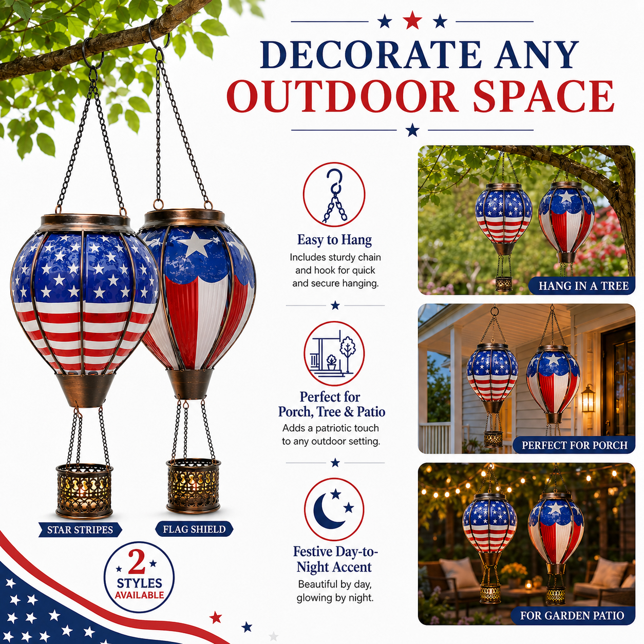 Patriotic Hot Air Balloon Solar Hanging Lantern