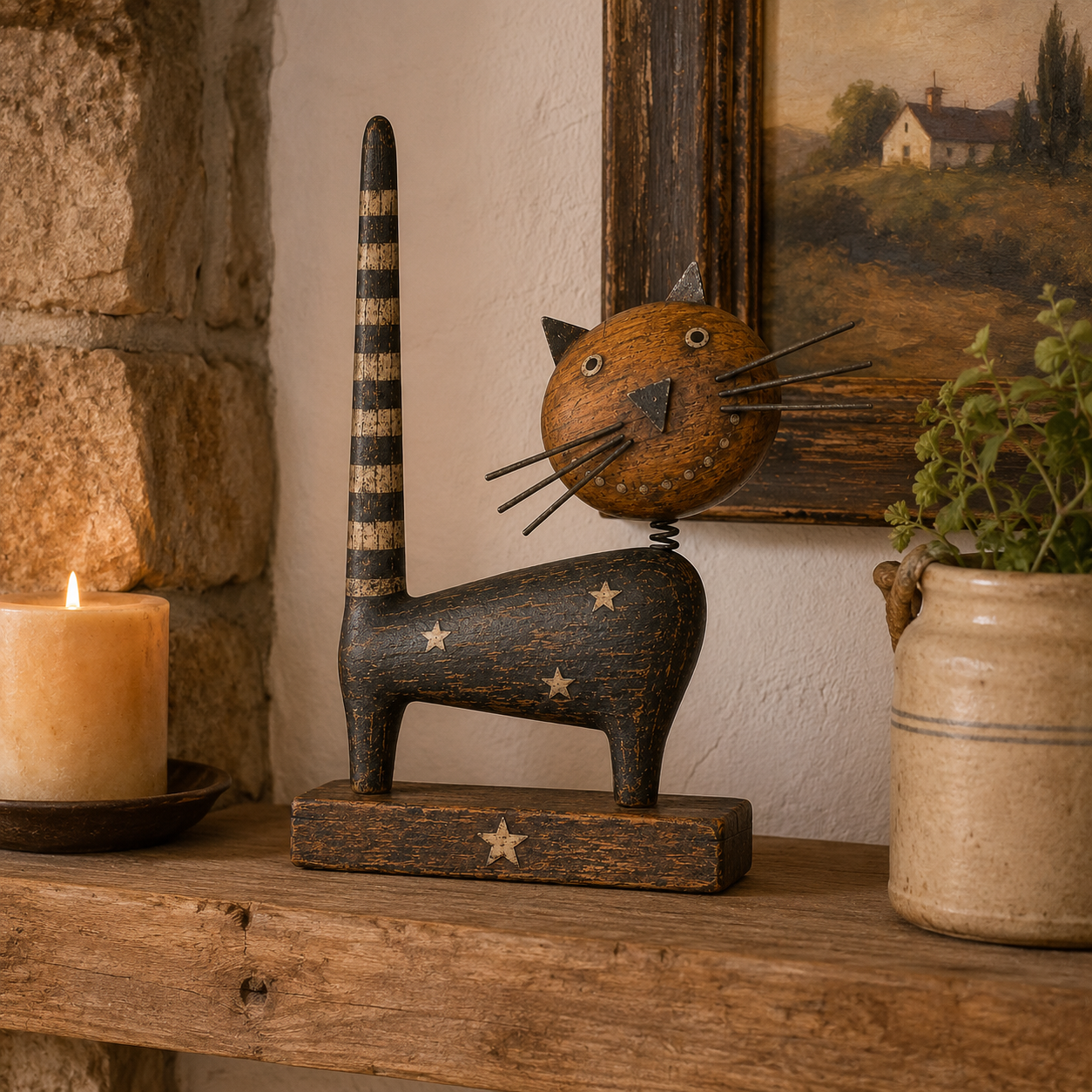 Vintage Primitive Wooden Cat with Metal Accents