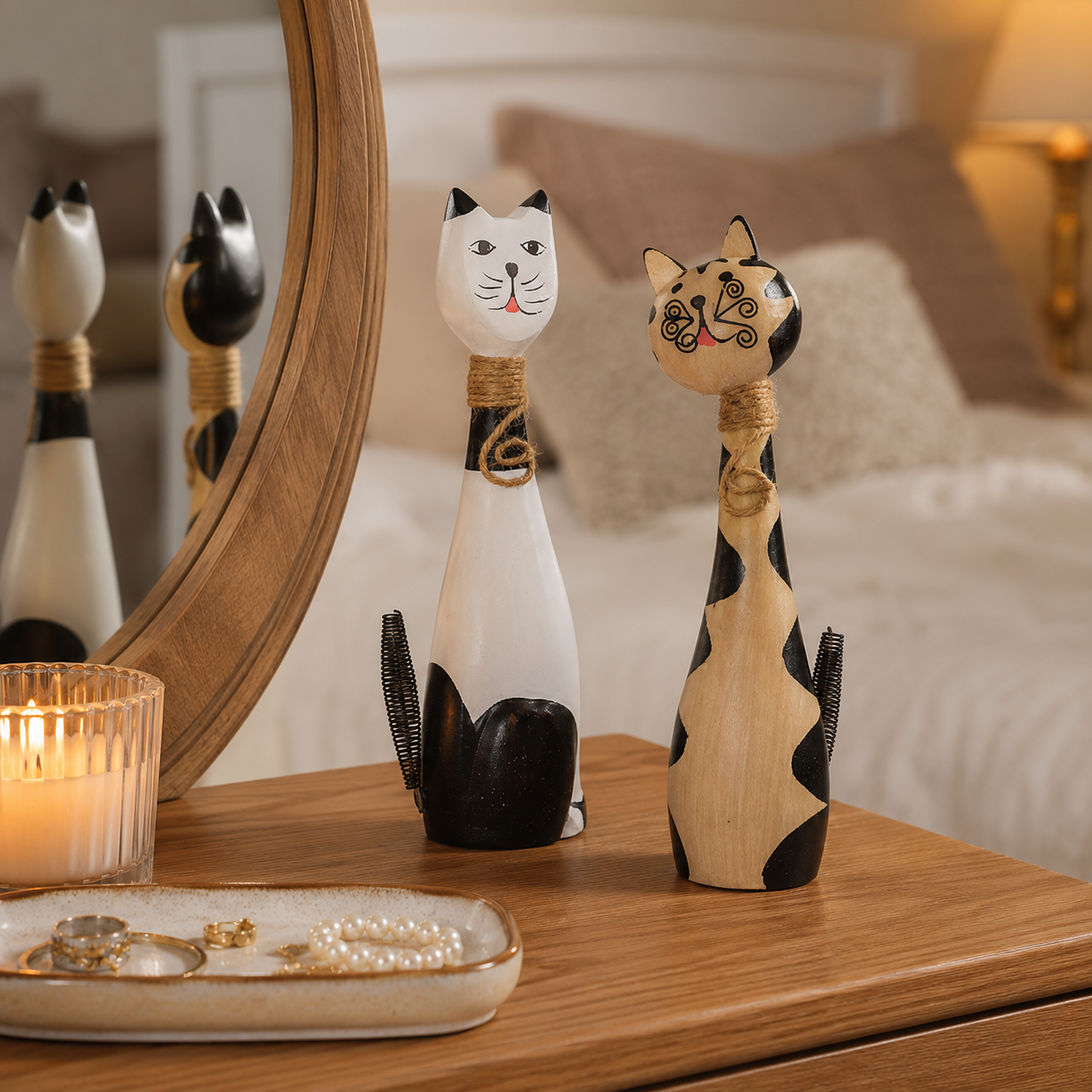11 in Whimsical Hand-Painted Wooden Cat Figurines – Set of 2 🐱