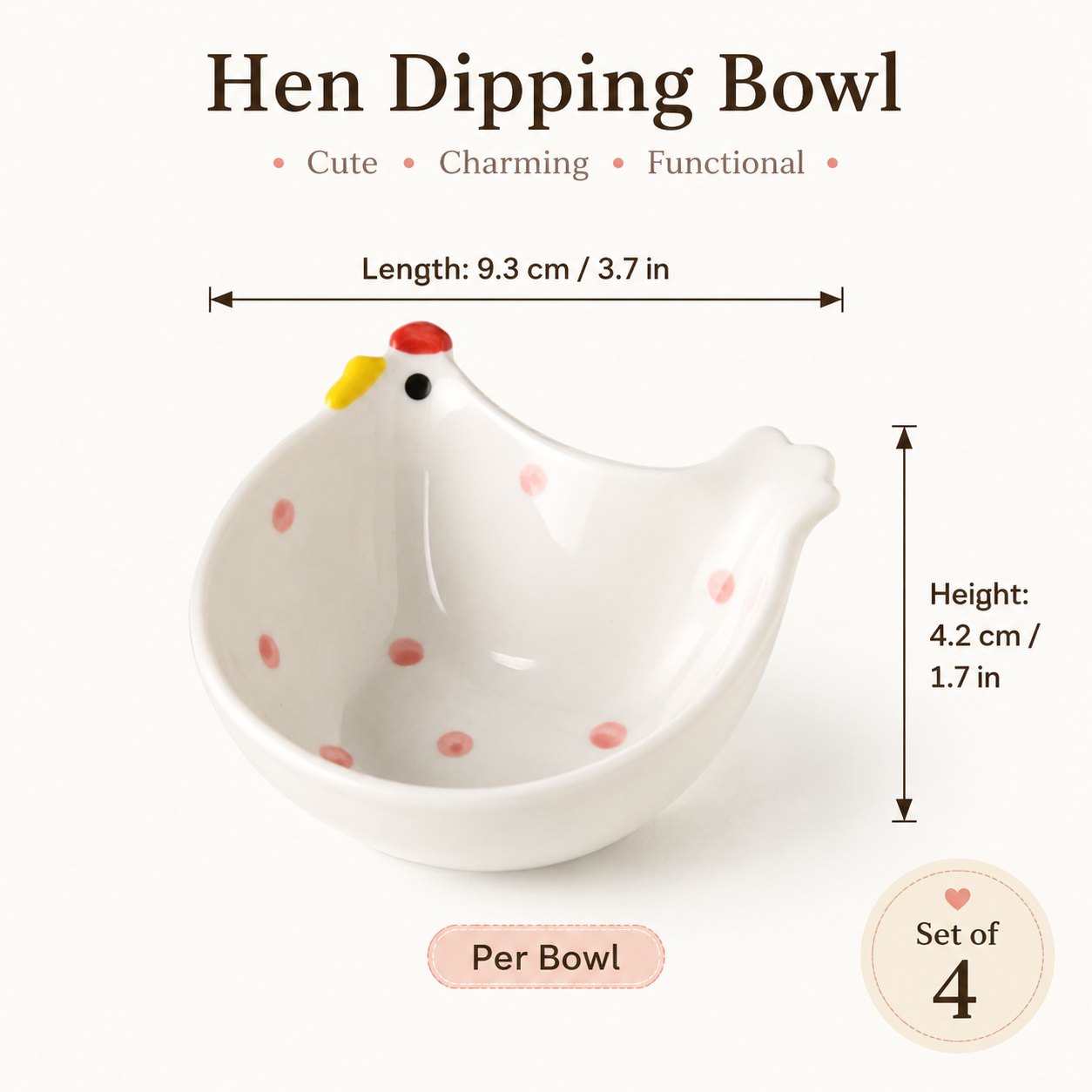 Whimsical Hen Ceramic Dipping Bowls – Set of 4