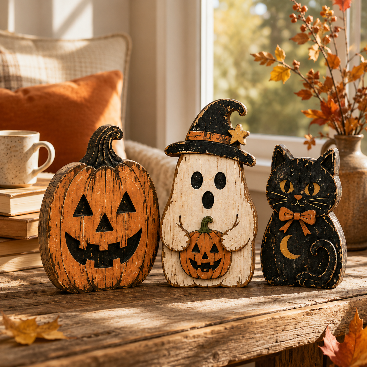 Vintage Halloween Wooden Trio – Pumpkin, Ghost & Black Cat