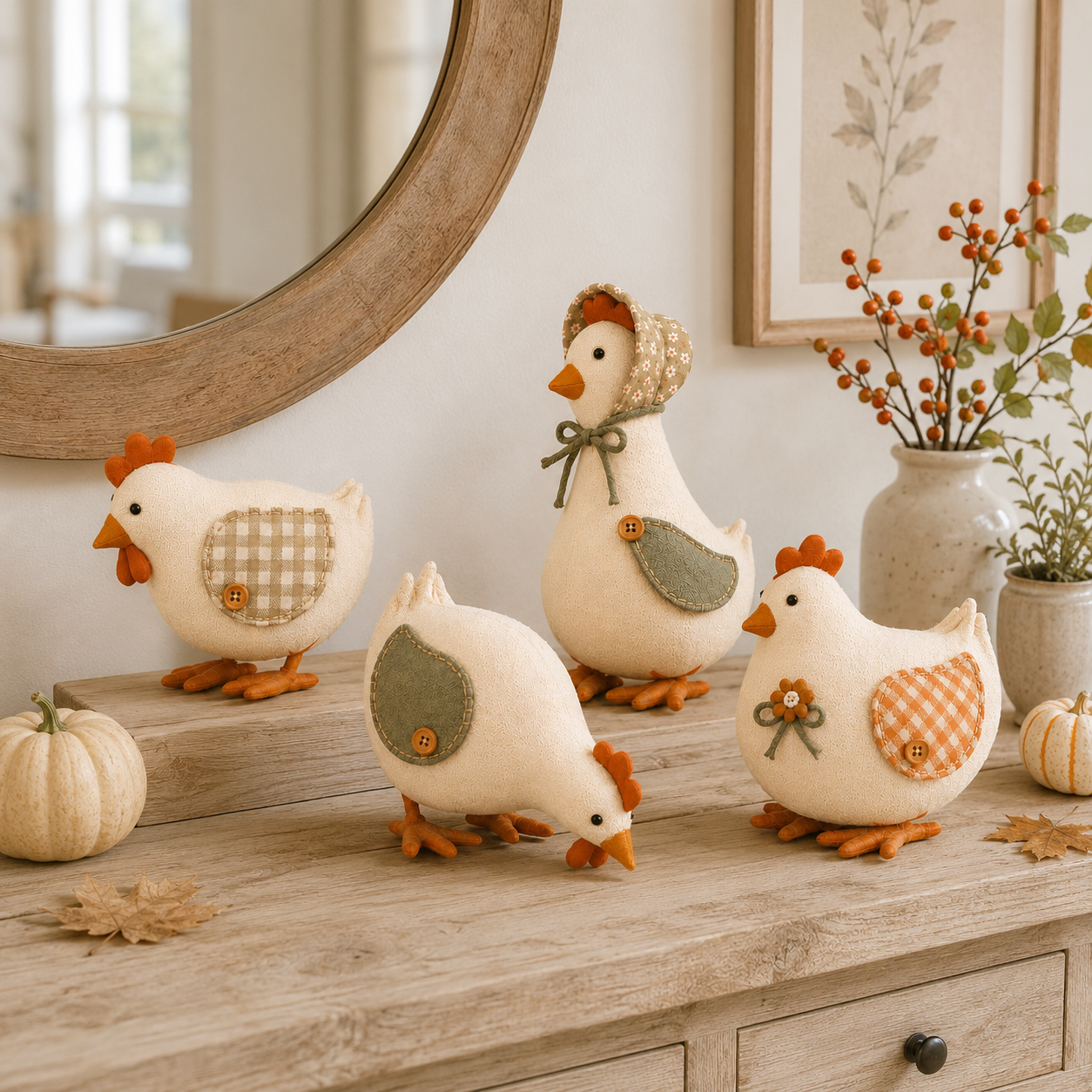 Harvest Hen & Rooster Fabric Doll Set – 4-Piece Fall Farmhouse Decor 🐔🍂