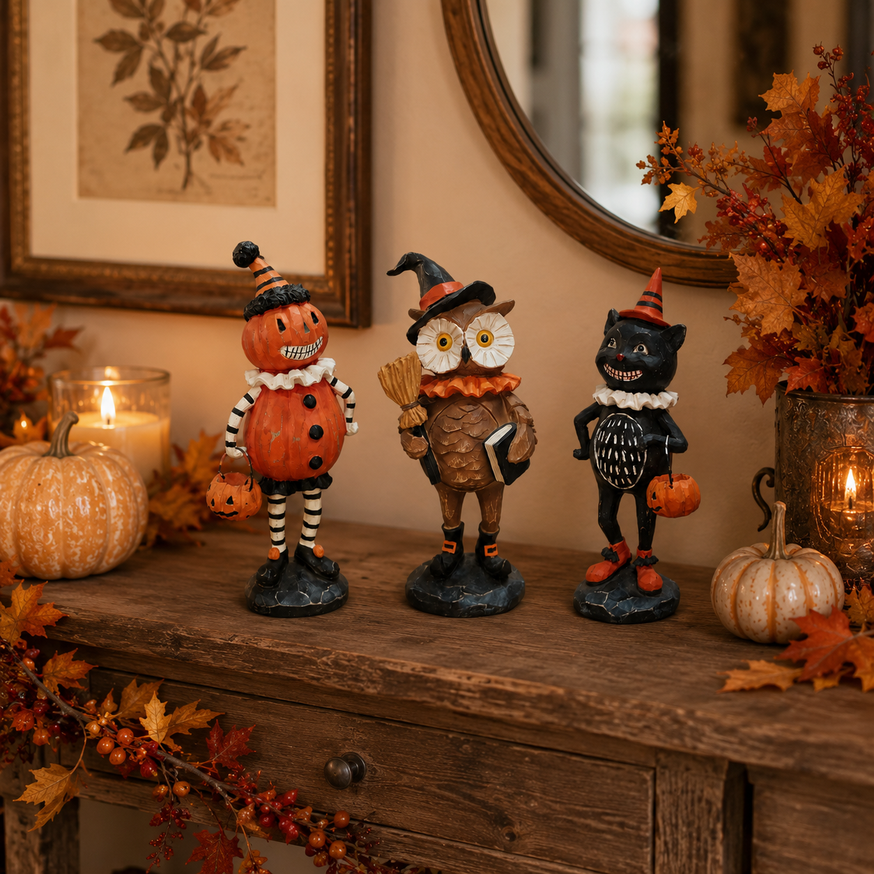 Vintage Halloween Figurine Decor – Cute Pumpkin, Witch Owl & Black Cat Tabletop Statues