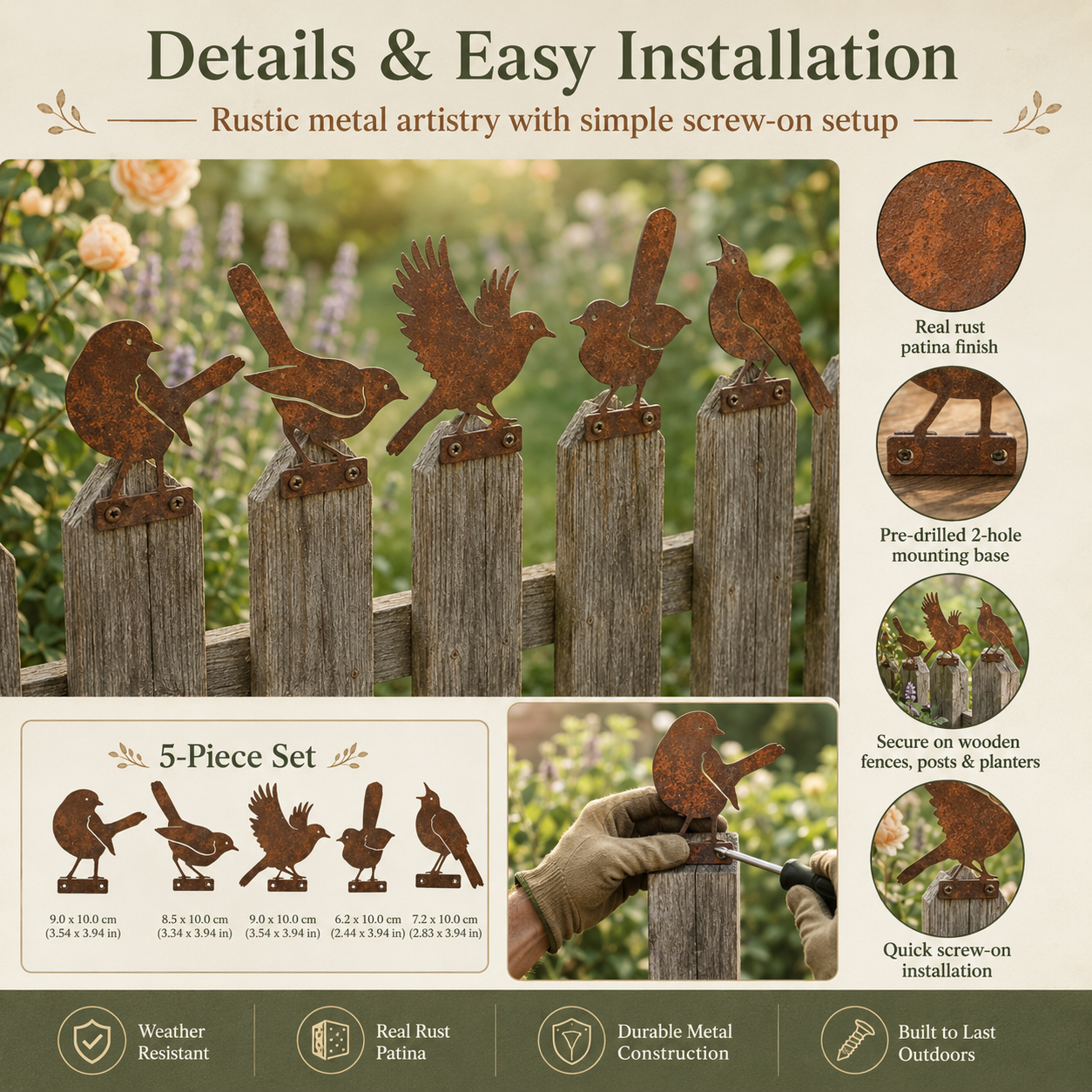 5-Piece Rustic Metal Bird Fence Toppers 