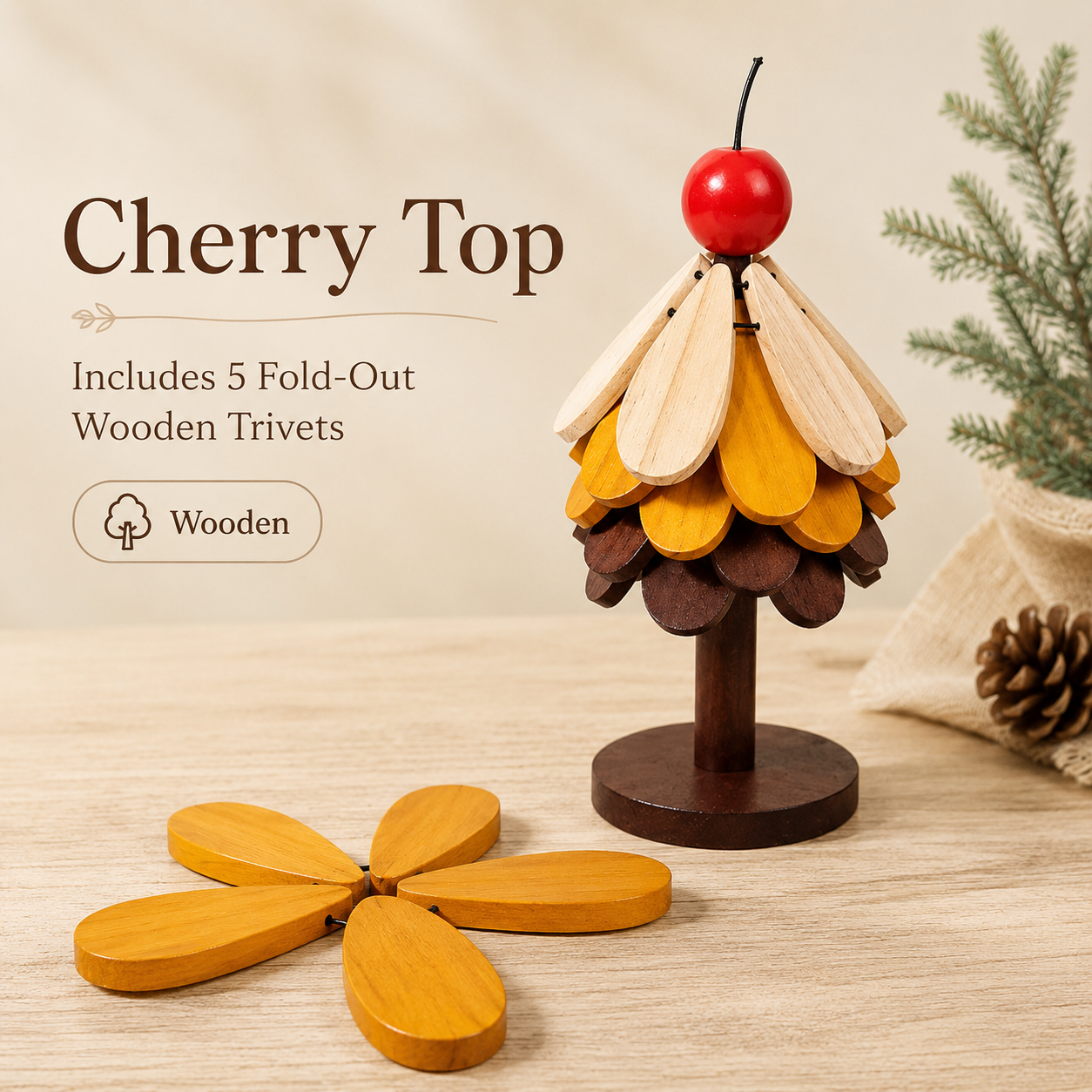 2-in-1 Wooden Trivet Tree Set – 5 Fold-Out Heat Pads 🌳