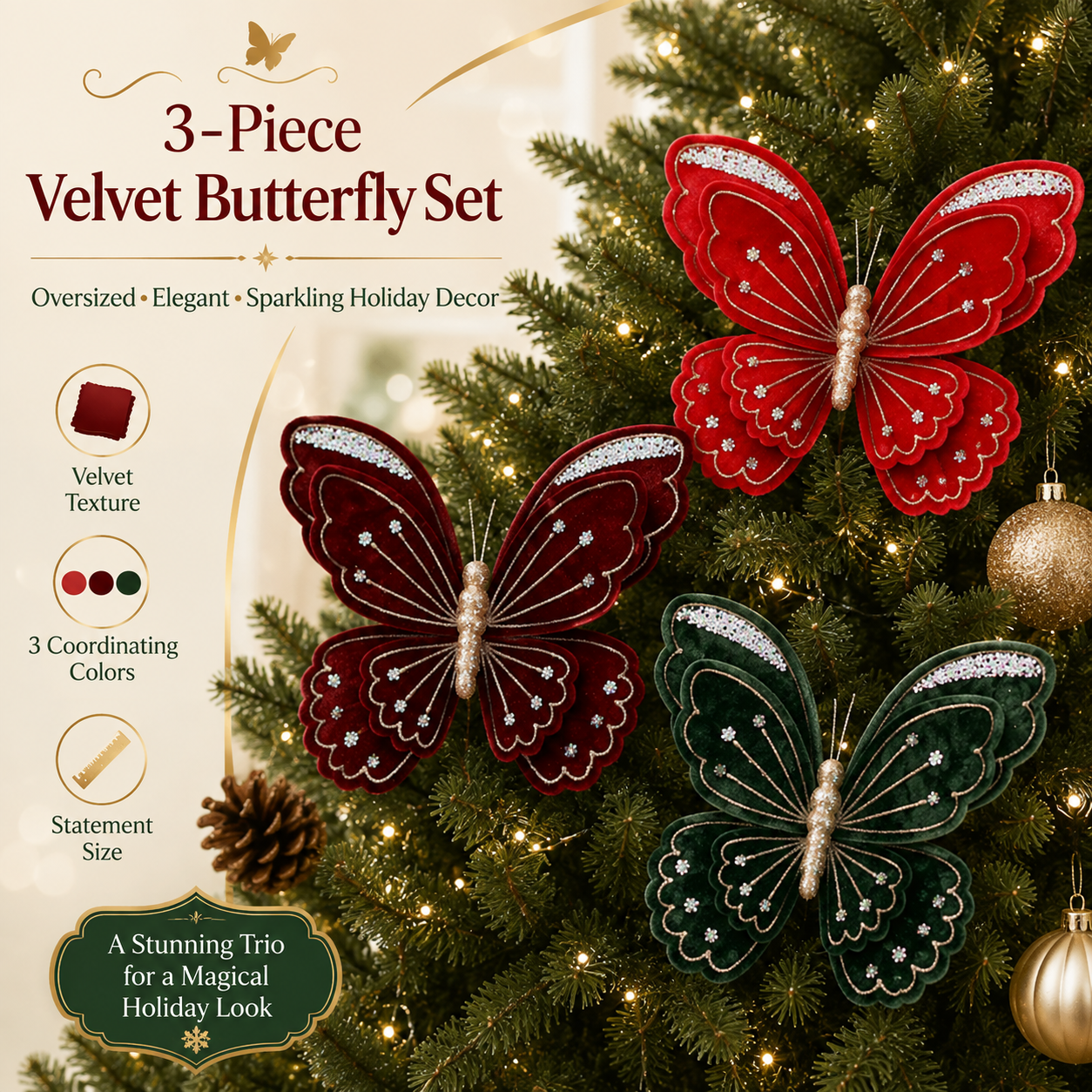 3-Piece Velvet Butterfly Christmas Decorations - 15.8 × 13.8 in
