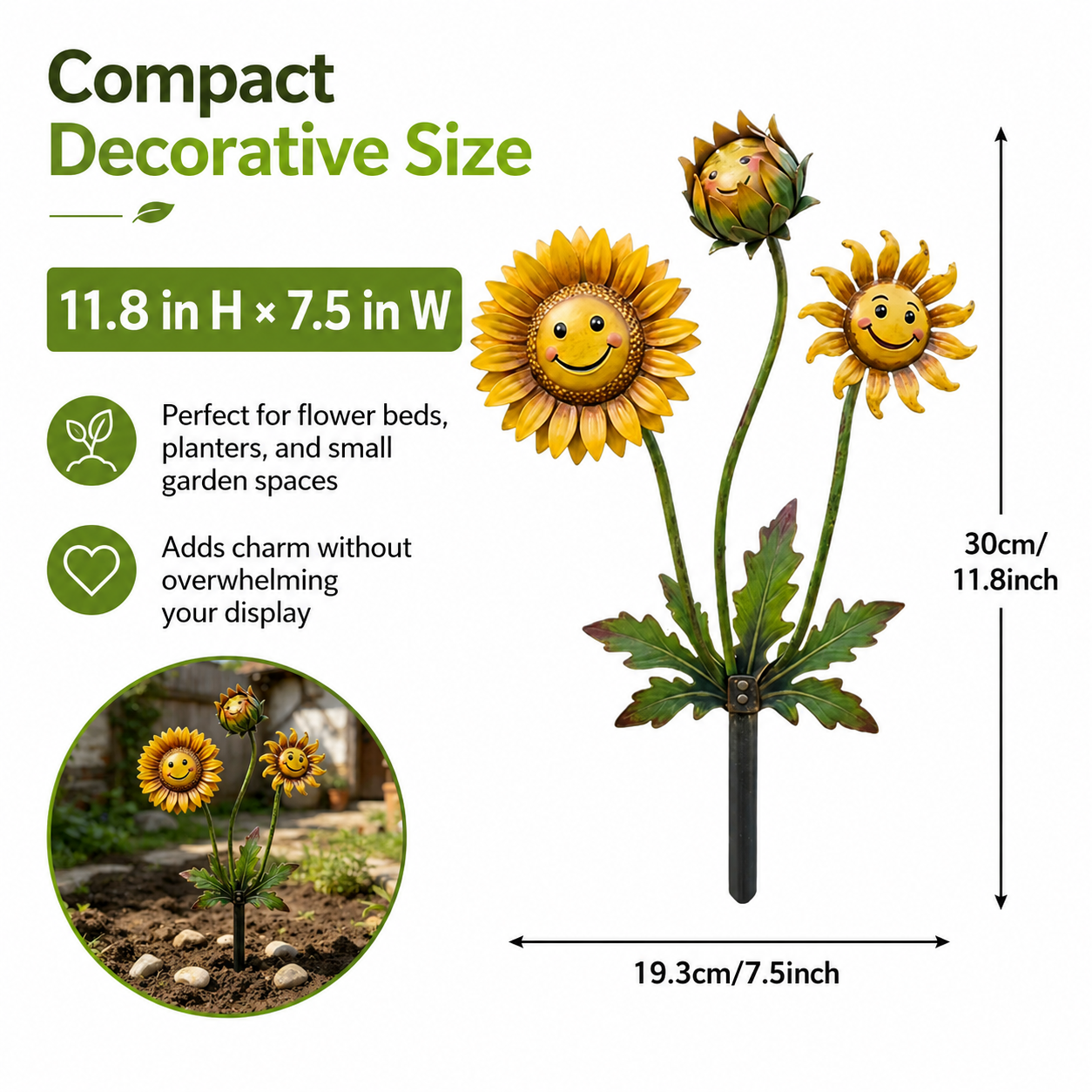 2D Smiling Sunflower Garden Stake Decor, Metal Flower Yard Art with Cute Face