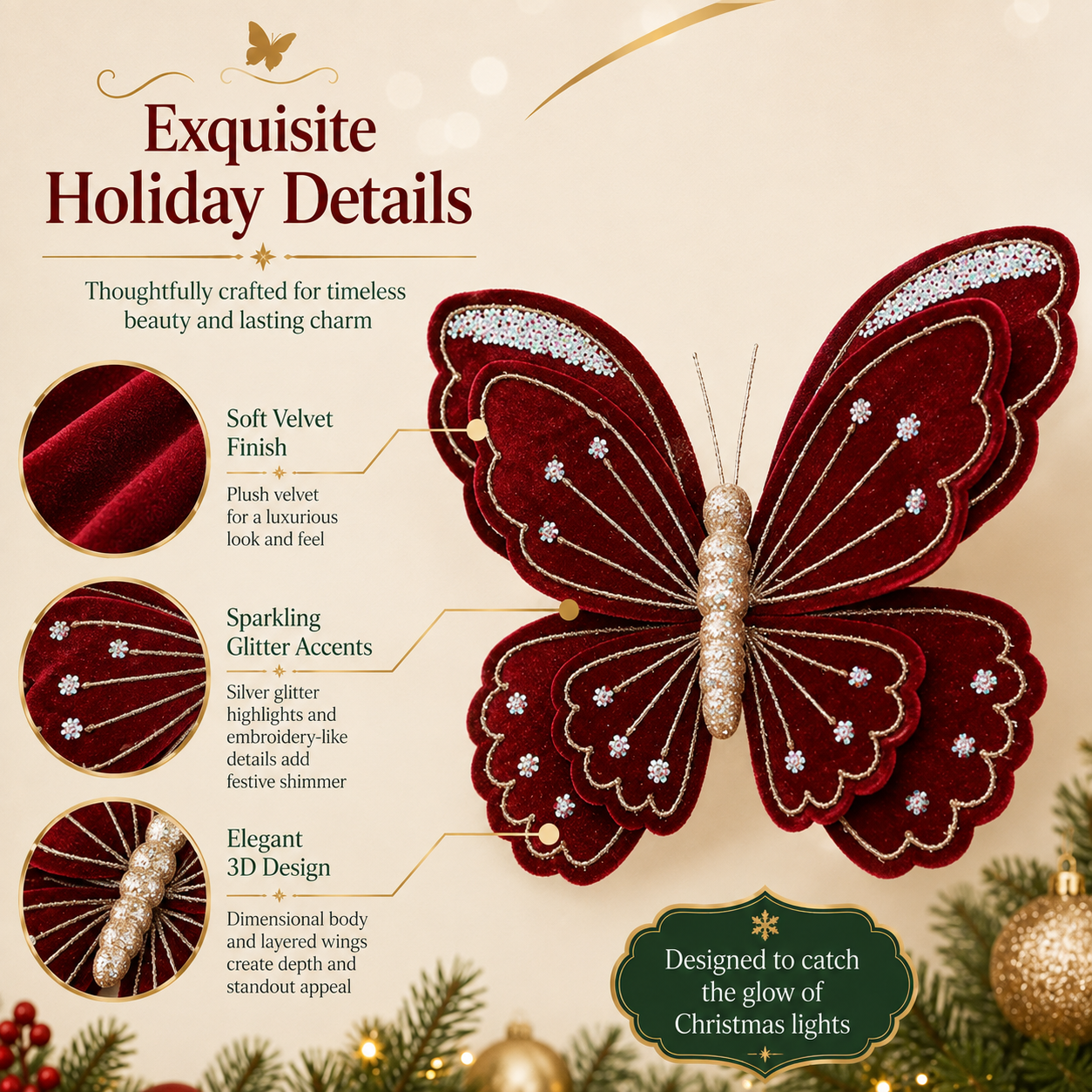 3-Piece Velvet Butterfly Christmas Decorations - 15.8 × 13.8 in