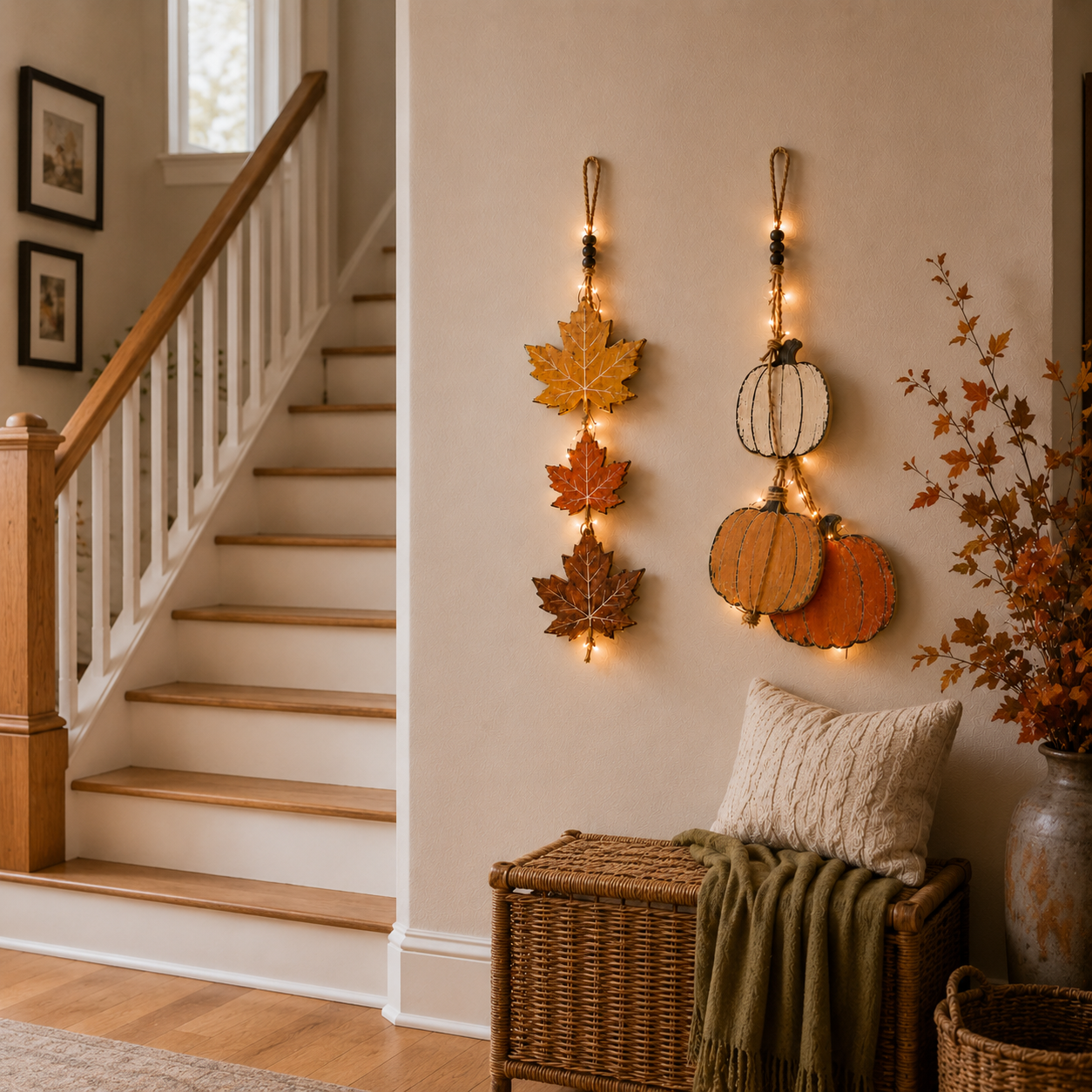 23.6 in Lighted Fall Wooden Hanging Decor Set – Maple Leaves & Pumpkins