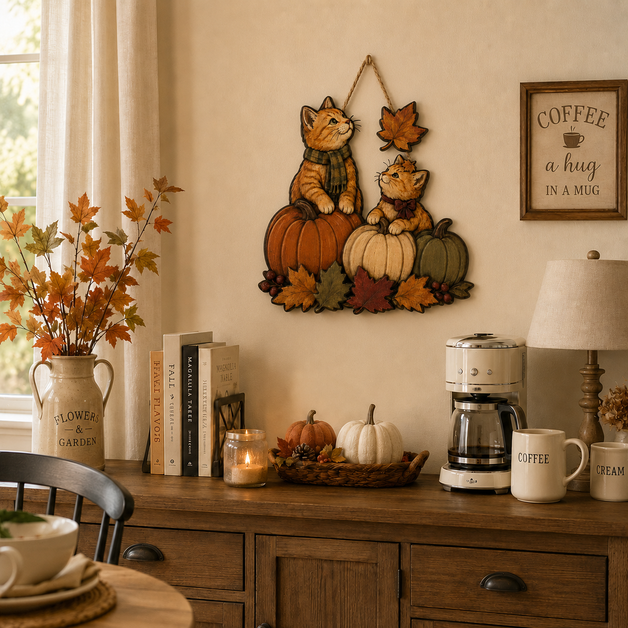 Autumn Whiskers Cat & Pumpkin Wooden Hanging Decor