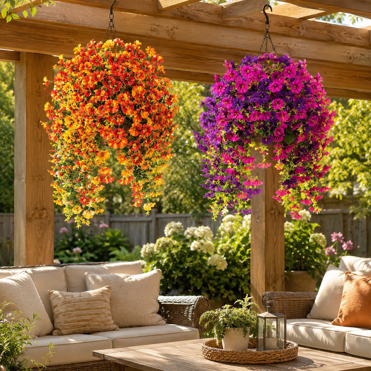 4 Bunch Artificial Hanging Flowers , Faux Petunia Hanging Plants for Outdoor Indoor Decor——Flower basket not included