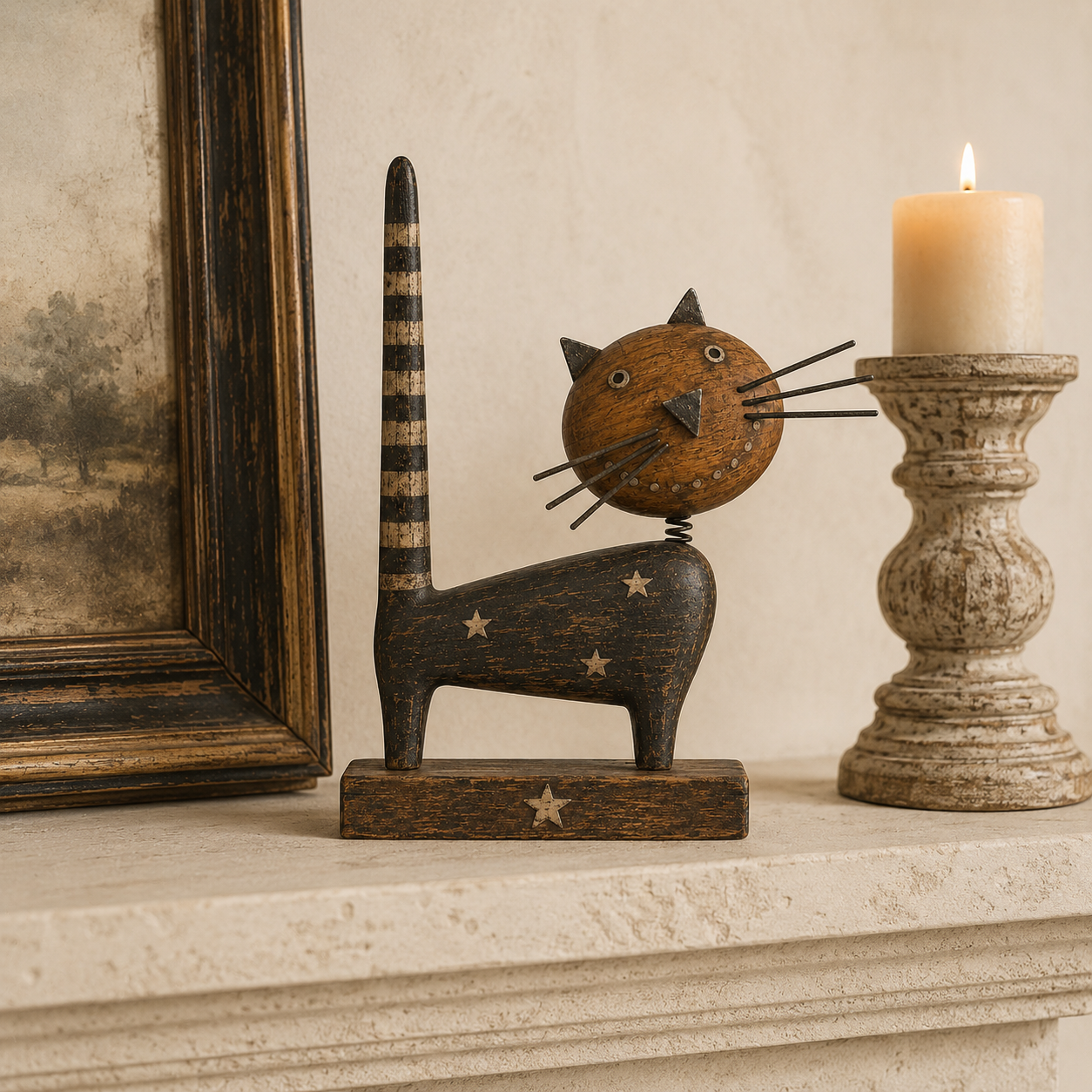 Vintage Primitive Wooden Cat with Metal Accents