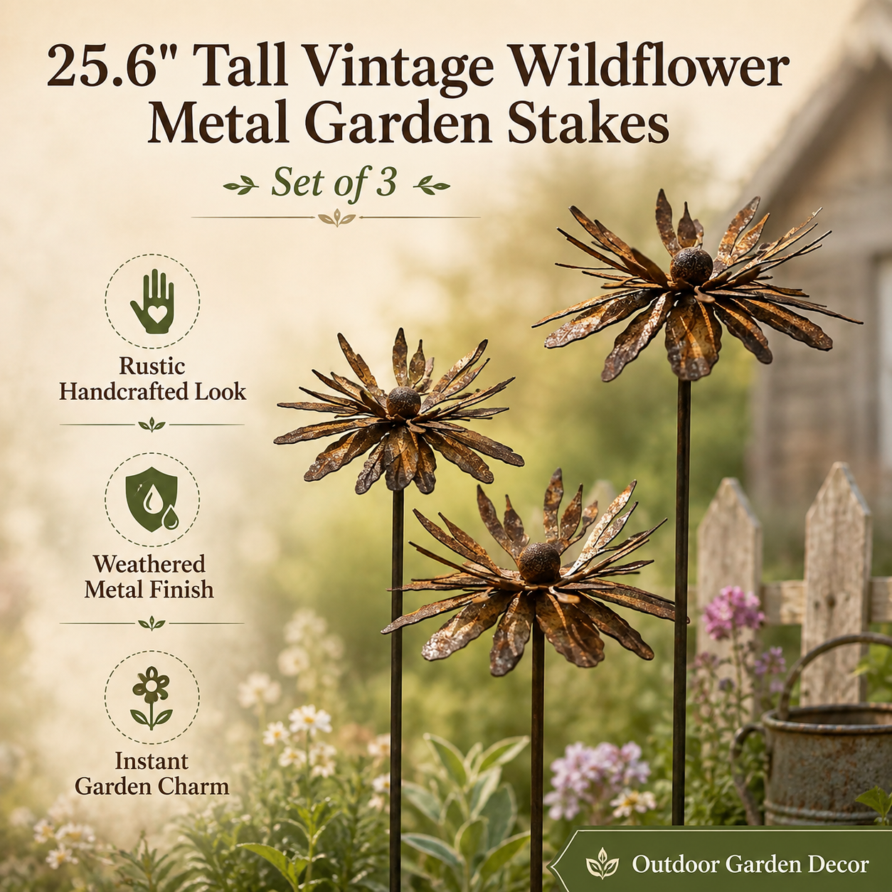 25.6" Tall Vintage Wildflower Metal Garden Stakes - Set of 3