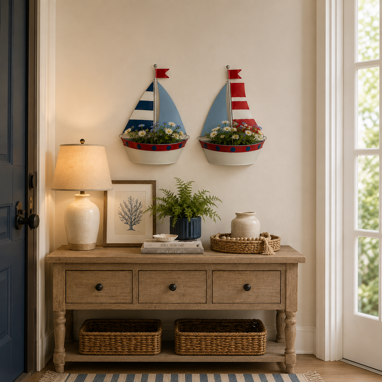 Coastal Sailboat Metal Wall Planter – Nautical Hanging Flower Basket⛵