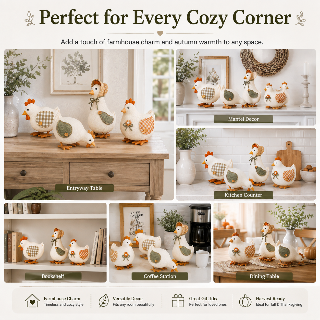 Harvest Hen & Rooster Fabric Doll Set – 4-Piece Fall Farmhouse Decor 🐔🍂