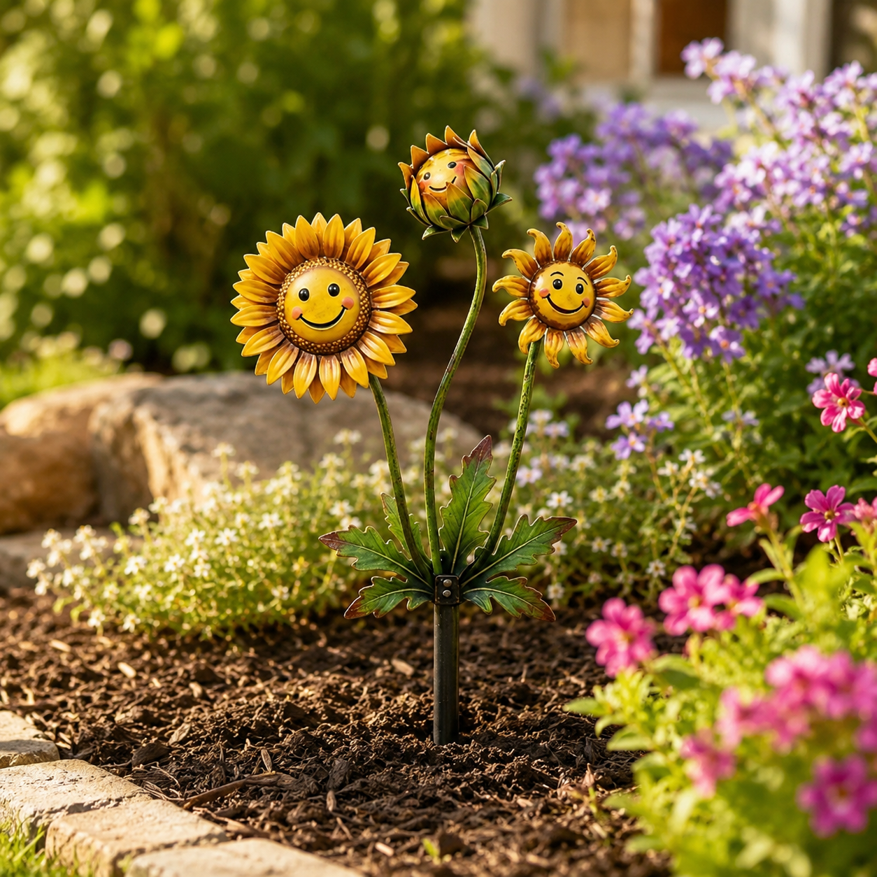 2D Smiling Sunflower Garden Stake Decor, Metal Flower Yard Art with Cute Face