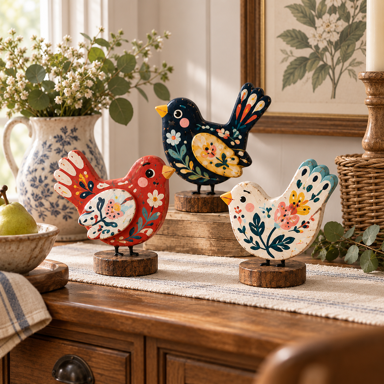 Hand-Painted Folk Art Bird Figurines – Set of 3