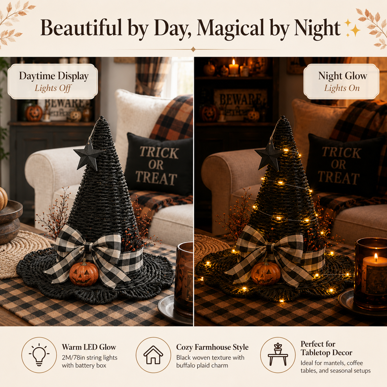Lighted Woven Witch Hat Decor ✨
