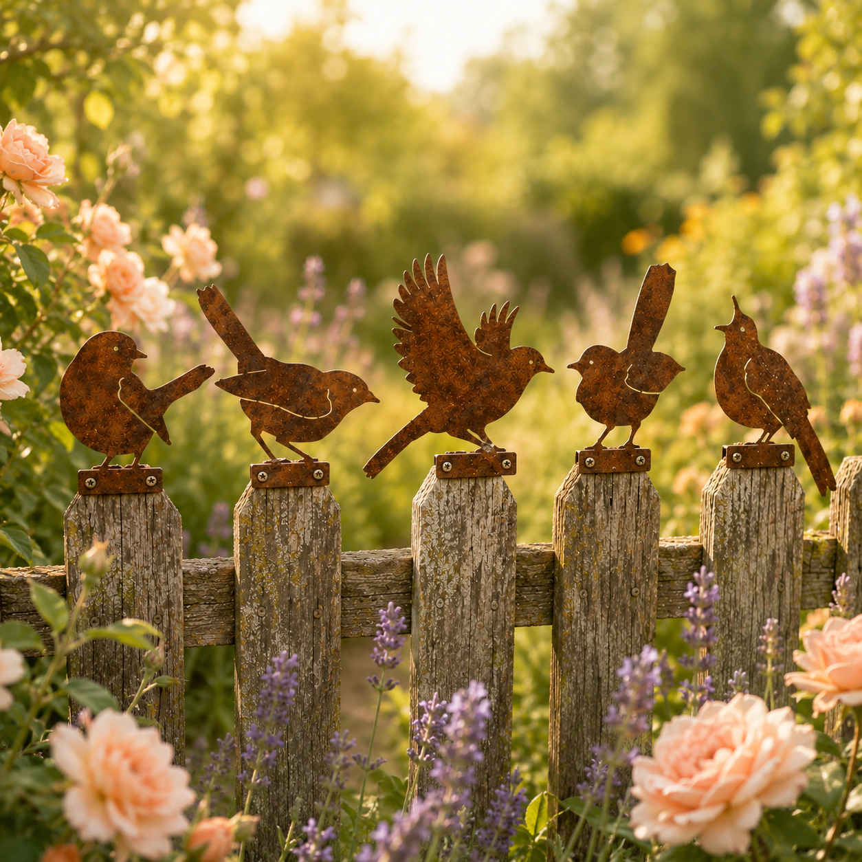 5-Piece Rustic Metal Bird Fence Toppers 