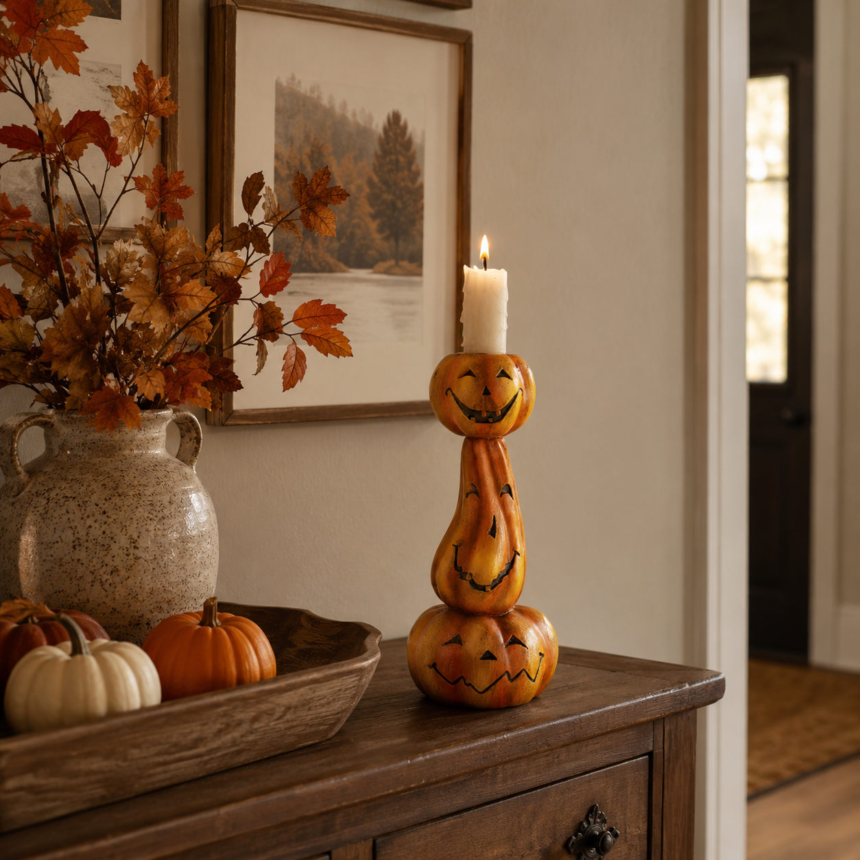 Stacked Jack-O’-Lantern Pumpkin Candle Holder - 6.9 Inch Halloween Resin Candlestick Decor