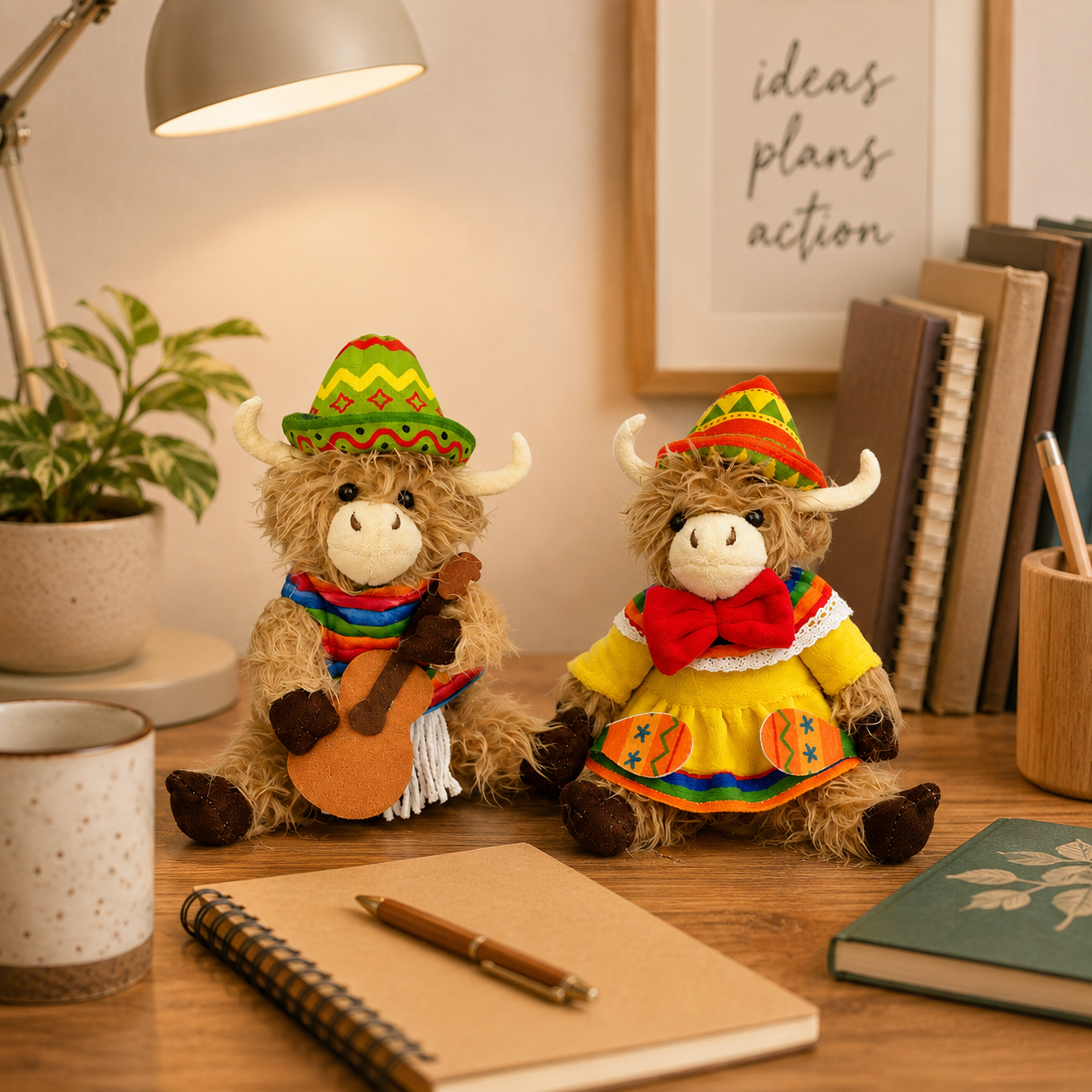 Fiesta Highland Cow Plush Duo – 2-Piece Western Music Farmhouse Decor