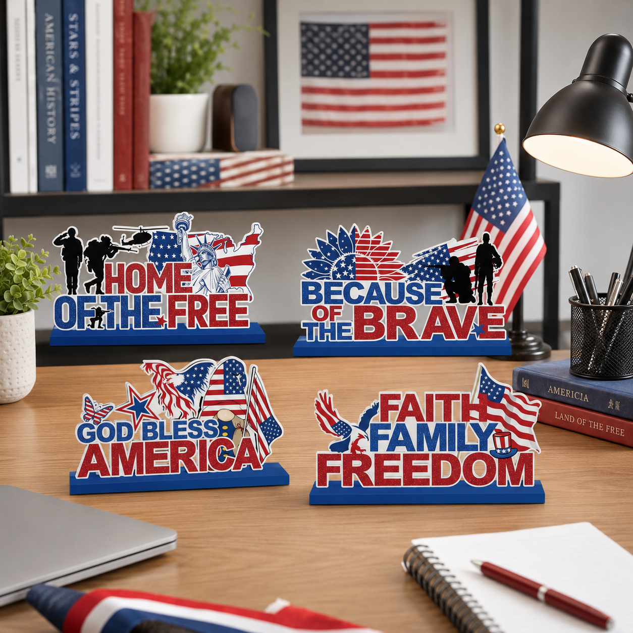 4pcs Patriotic Wooden Tabletop Signs – “Home of the Free”, “Because of the Brave”, “God Bless America”, “Faith Family Freedom”