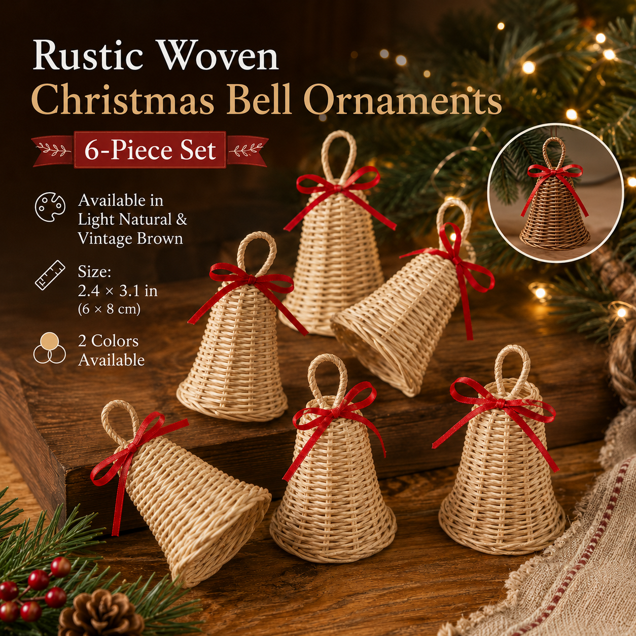 Rustic Woven Christmas Bell Ornaments – 6 Piece Set