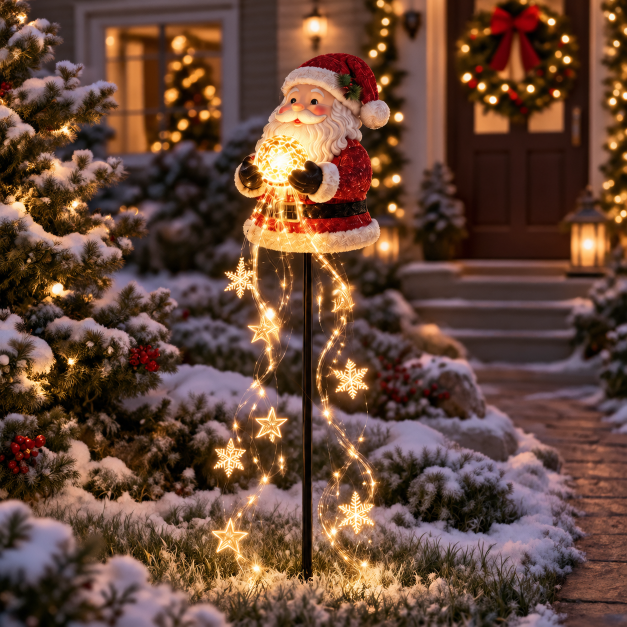 Christmas Magic Fountain Snowman & Santa Garden Stake Light