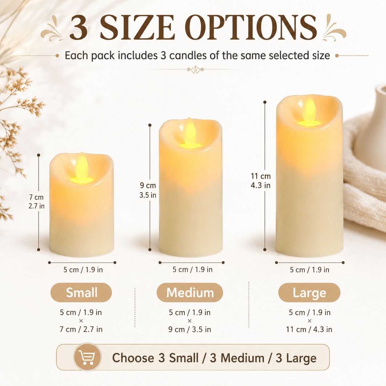 3 Pack Flameless LED Pillar Candles with Moving Flame