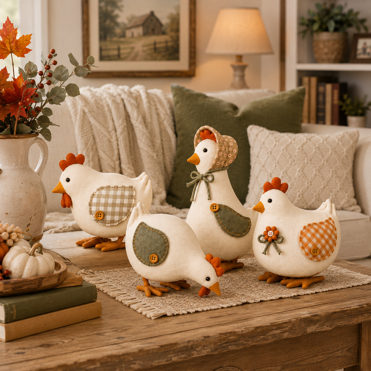 Harvest Hen & Rooster Fabric Doll Set – 4-Piece Fall Farmhouse Decor 🐔🍂